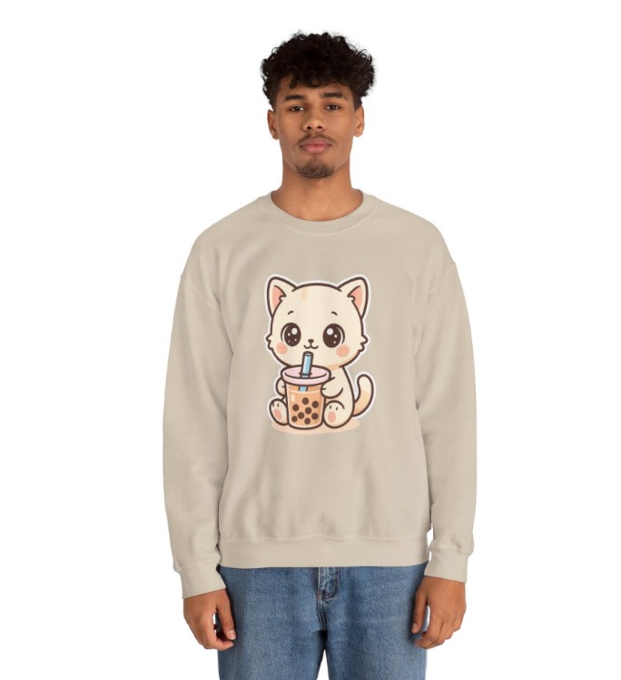 Cute Cat Drinking Boba Sweatshirt — Kawaii Bubble Tea Crewneck