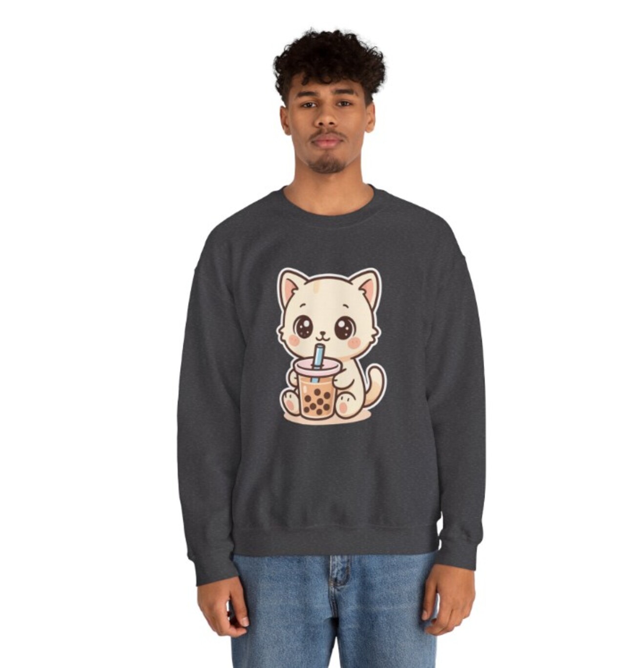 Cute Cat Drinking Boba Sweatshirt — Kawaii Bubble Tea Crewneck product thumbnail image