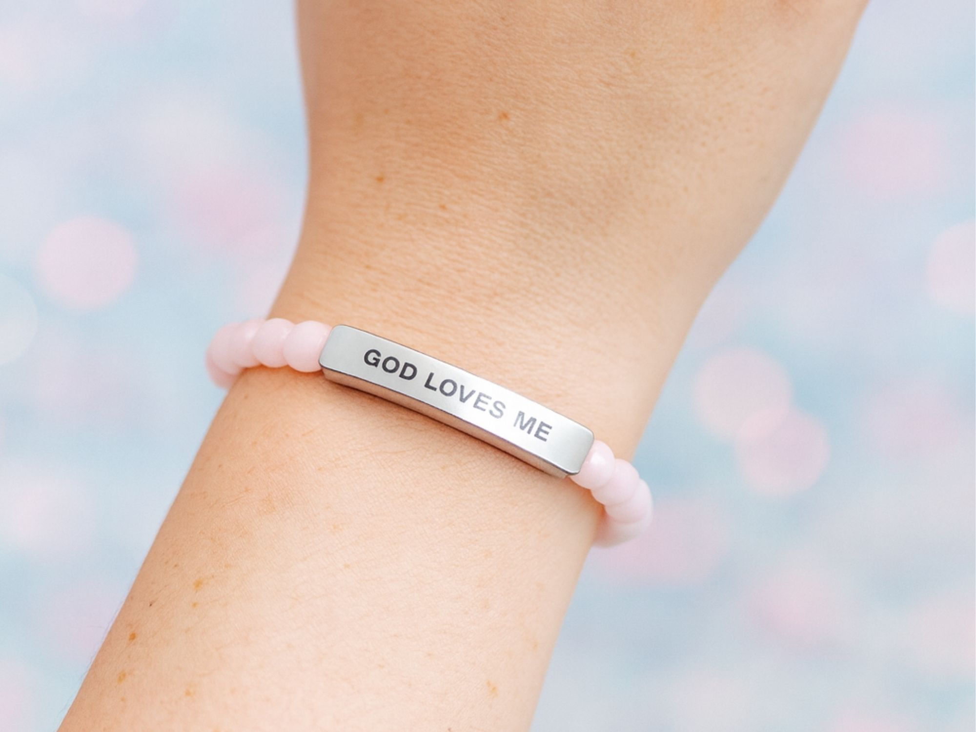 Engraved 'God Loves Me' Natural Stone Bar Bracelet — Stretch Beaded Faith Jewelry product thumbnail image Engraved 'God Loves Me' Natural Stone Bar Bracelet — Stretch Beaded Faith Jewelry product thumbnail image