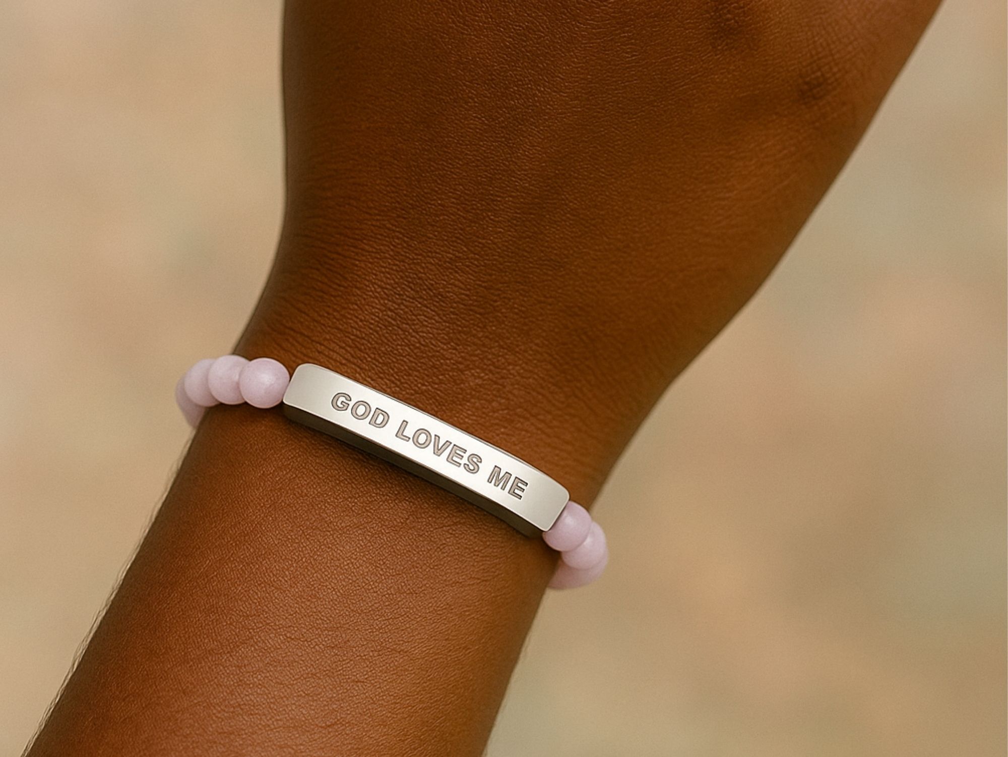 Engraved 'God Loves Me' Natural Stone Bar Bracelet — Stretch Beaded Faith Jewelry product thumbnail image Engraved 'God Loves Me' Natural Stone Bar Bracelet — Stretch Beaded Faith Jewelry product thumbnail image