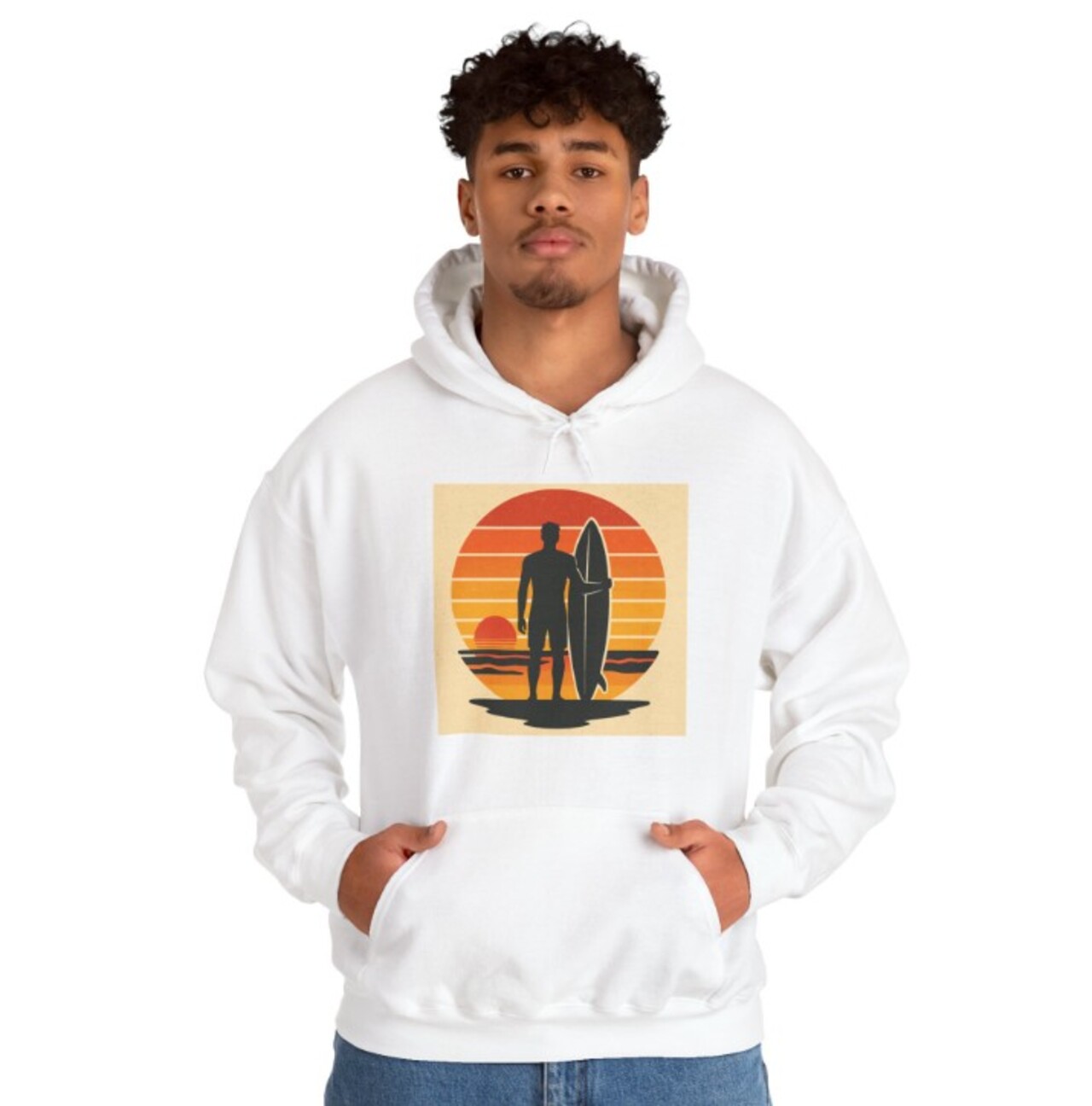 Surfer Couple Sunset Hoodie — Retro Beach Surfing Pullover