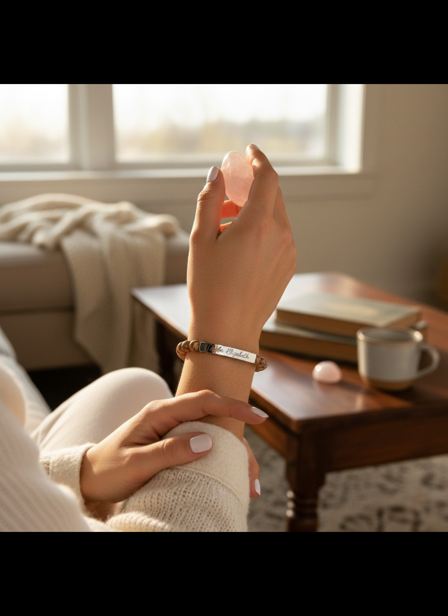 Engravable Natural Stone Stretch Bracelet — Personalized Name Bar product thumbnail image