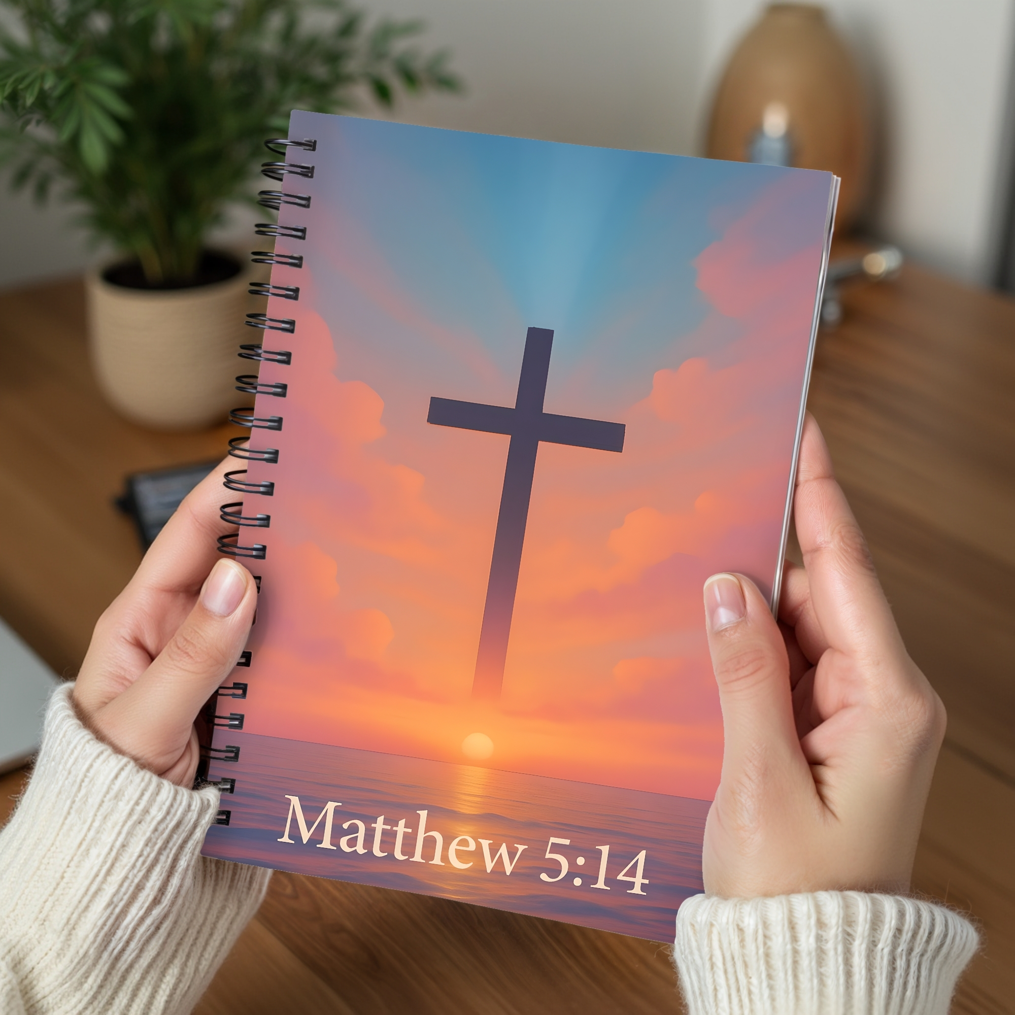 Matthew 5:14 Christian Spiral Notebook — Cross Sunset Journal, Inspirational Bible Verse Gift product thumbnail image