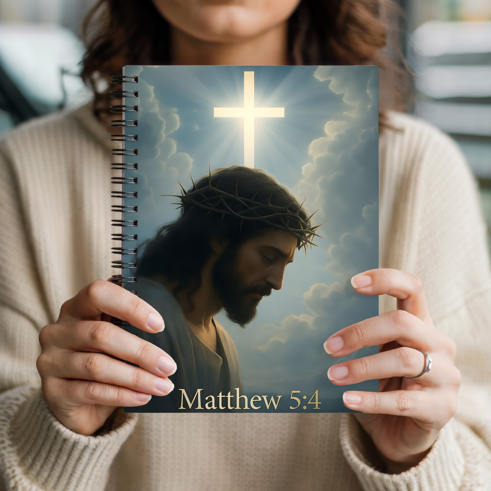 Christian Spiral Notebook Matthew 5:4 Prayer Journal with Jesus Cross Design product thumbnail image Christian Spiral Notebook Matthew 5:4 Prayer Journal with Jesus Cross Design product thumbnail image
