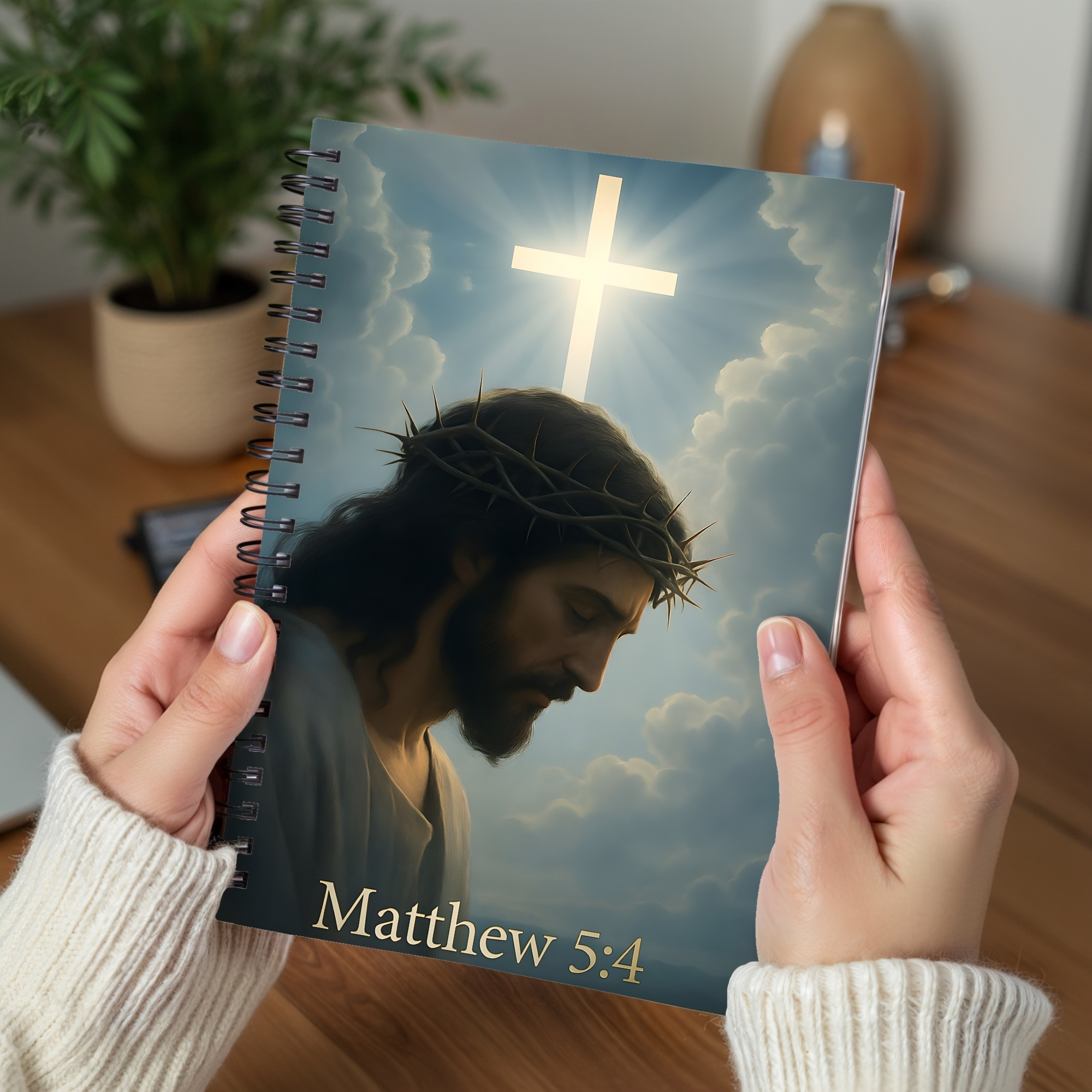 Christian Spiral Notebook Matthew 5:4 Prayer Journal with Jesus Cross Design