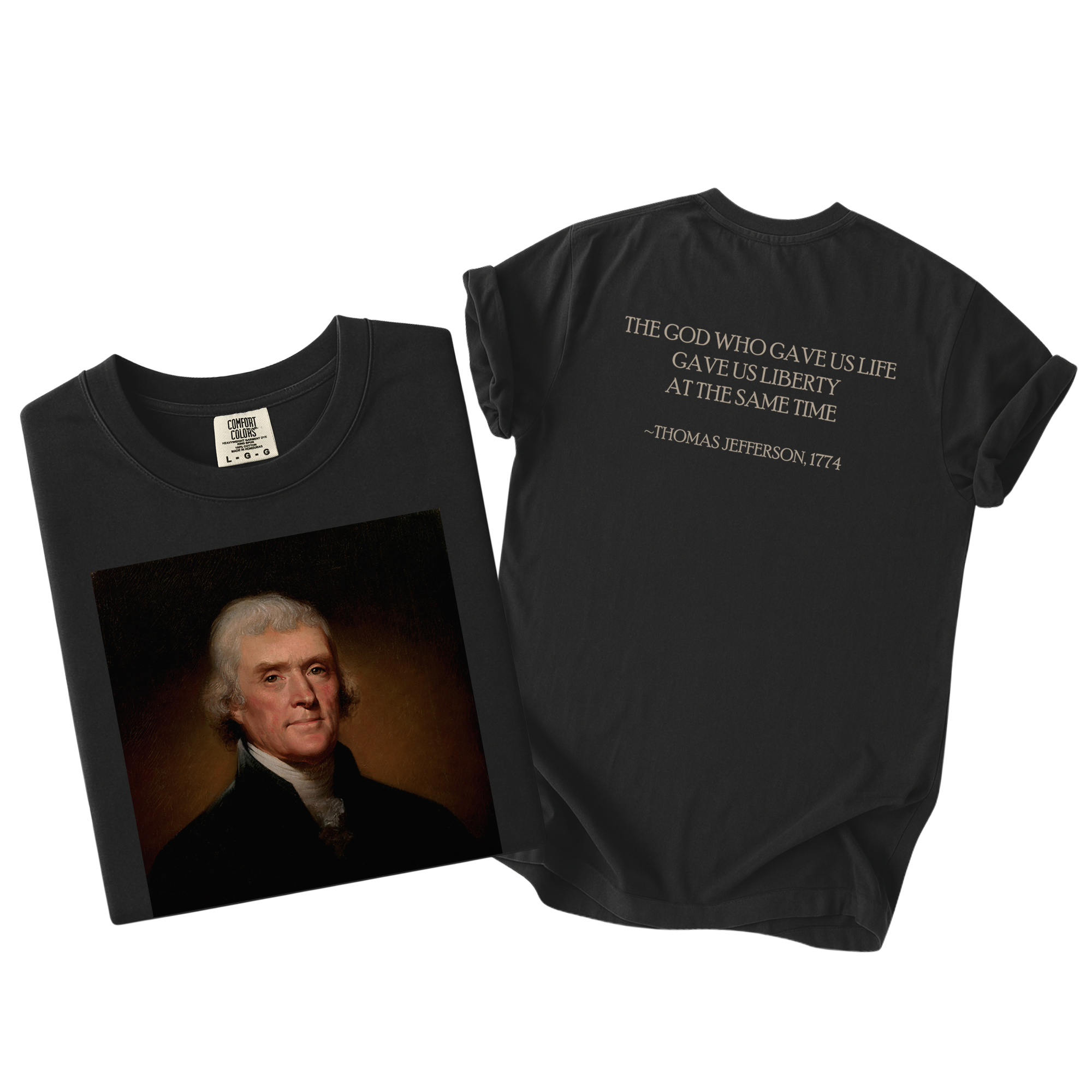 Thomas Jefferson Founders Collection Portrait T-Shirt – God Gave Us Liberty Quote Back