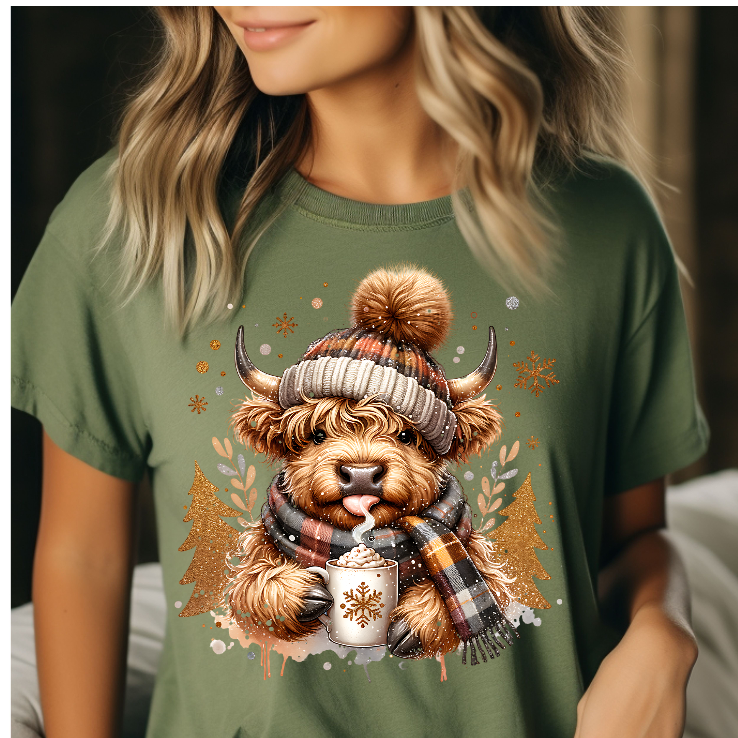 Highland Cow with Cozy Scarf &amp; Hot Cocoa - Christmas T-Shirt 
