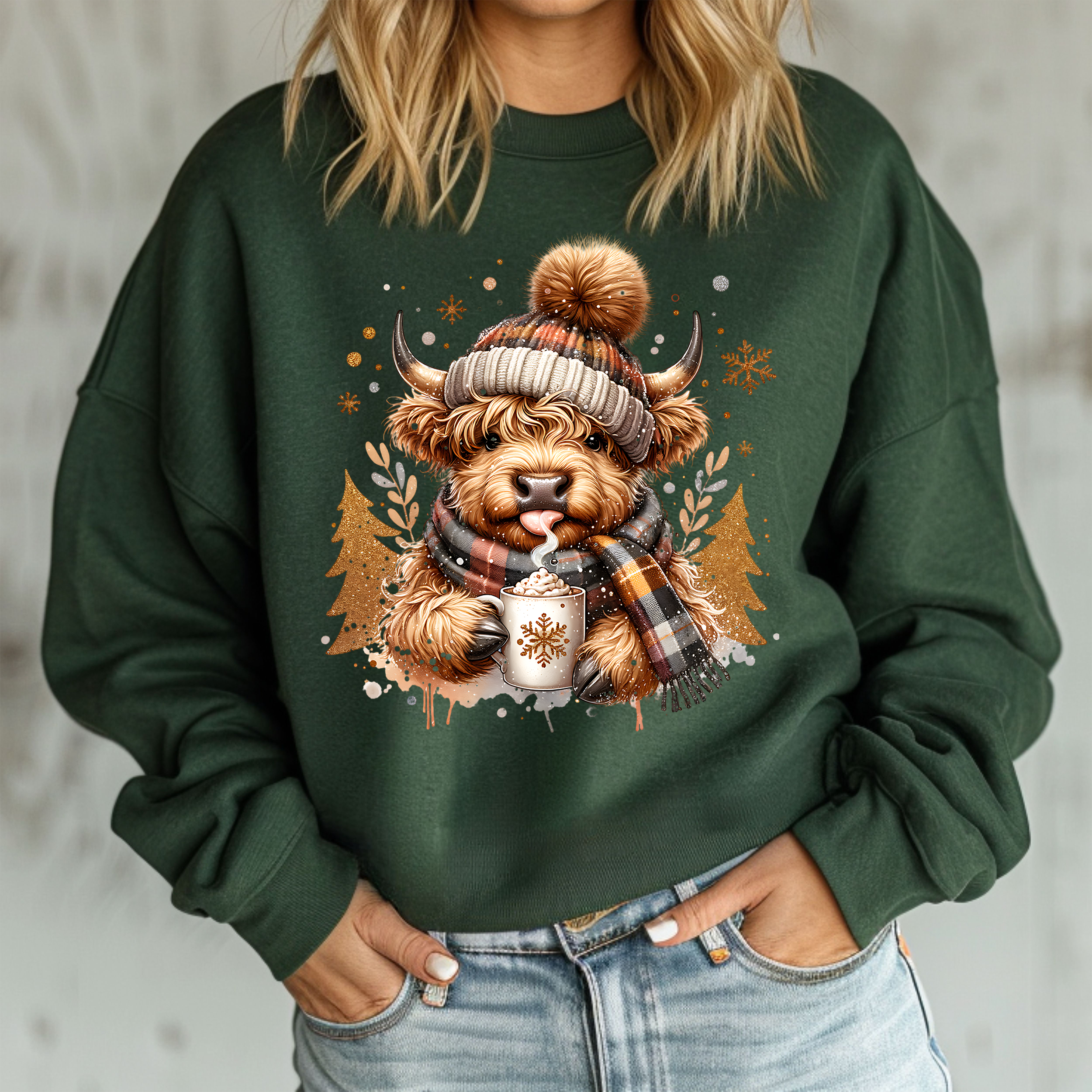 Highland Cow with Cozy Scarf & Hot Cocoa - Christmas Sweatshirt Highland Cow with Cozy Scarf & Hot Cocoa - Christmas Sweatshirt