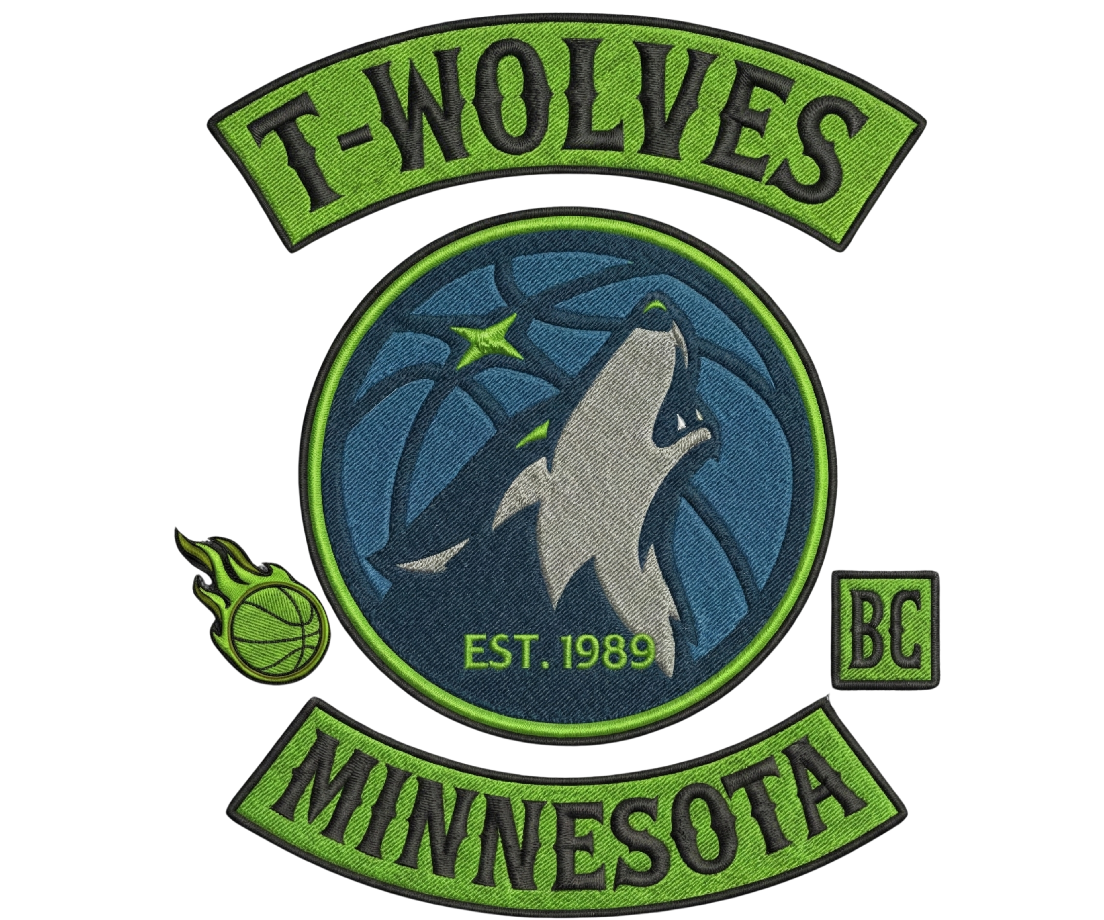 Wolves Biker Patch Style Minnesota Tee — Retro Wolf Logo Basketball T-Shirt Front &amp; Back Print product thumbnail image