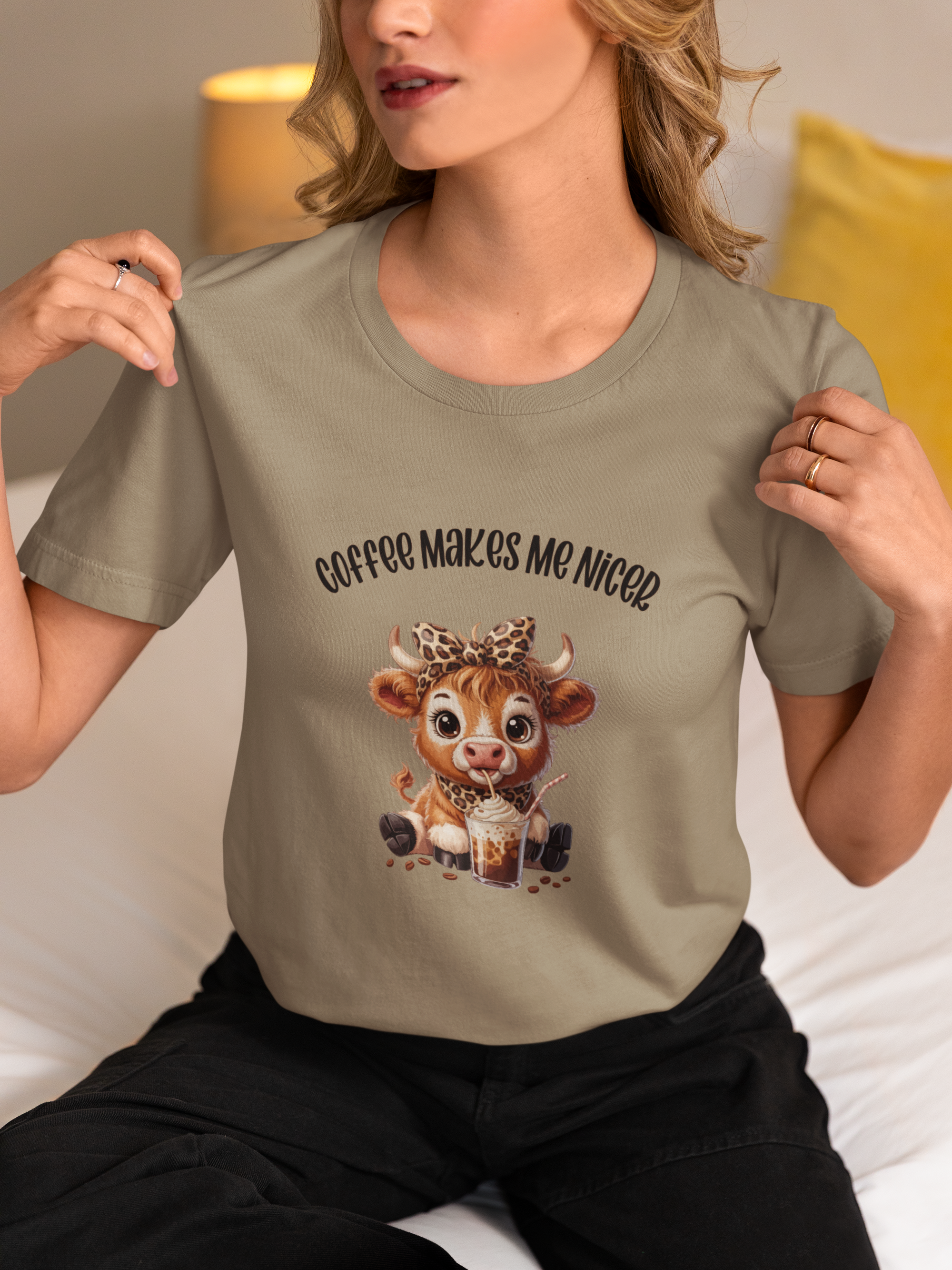 Coffee Makes Me Nicer Cow T-Shirt product thumbnail image