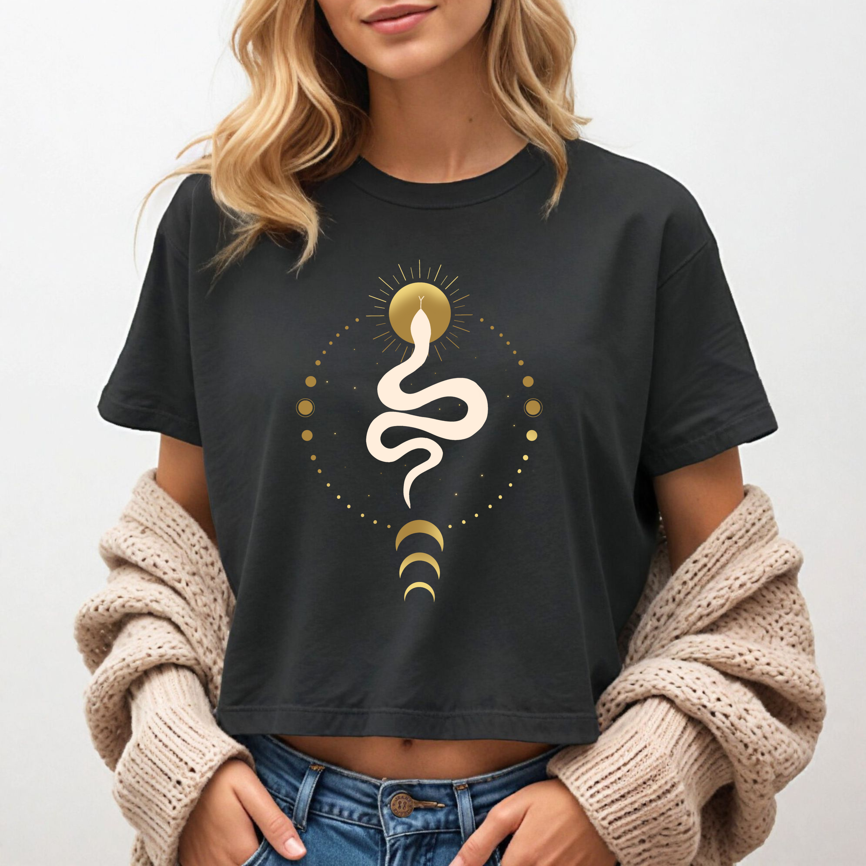 Mystic Serpent Sun Women's Boxy Tee - Gold Alchemy Snake 