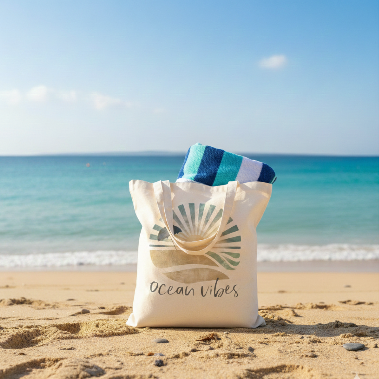 Ocean Vibes Tote Bag, Coastal Beach Tote, Summer Beach Bag, Sun Retro Aesthetic Tote, Travel Bag, Boho Ocean Bag, Eco Canvas Tote Gift product thumbnail image