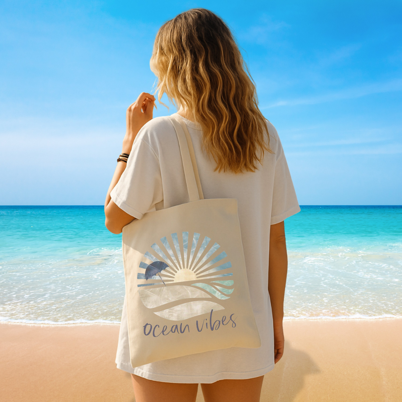 Ocean Vibes Tote Bag, Coastal Beach Tote, Summer Beach Bag, Sun Retro Aesthetic Tote, Travel Bag, Boho Ocean Bag, Eco Canvas Tote Gift product thumbnail image