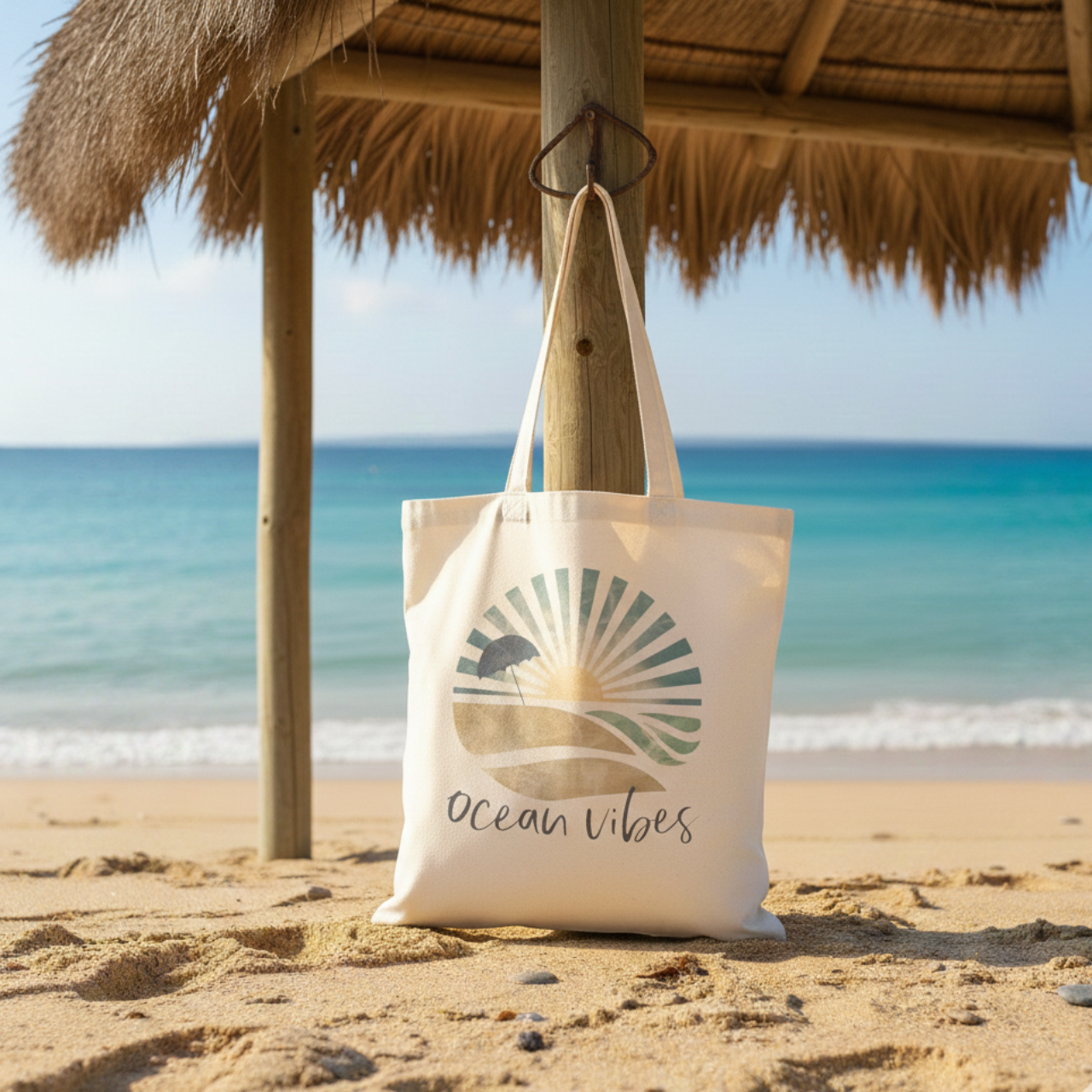 Ocean Vibes Tote Bag, Coastal Beach Tote, Summer Beach Bag, Sun Retro Aesthetic Tote, Travel Bag, Boho Ocean Bag, Eco Canvas Tote Gift product thumbnail image