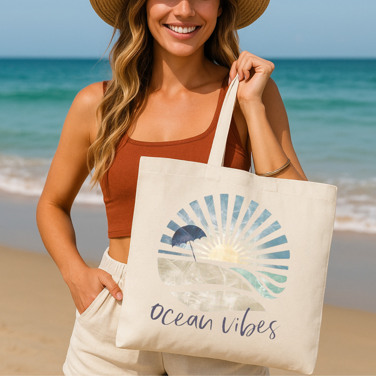 Ocean Vibes Tote Bag, Coastal Beach Tote, Summer Beach Bag, Sun Retro Aesthetic Tote, Travel Bag, Boho Ocean Bag, Eco Canvas Tote Gift product thumbnail image