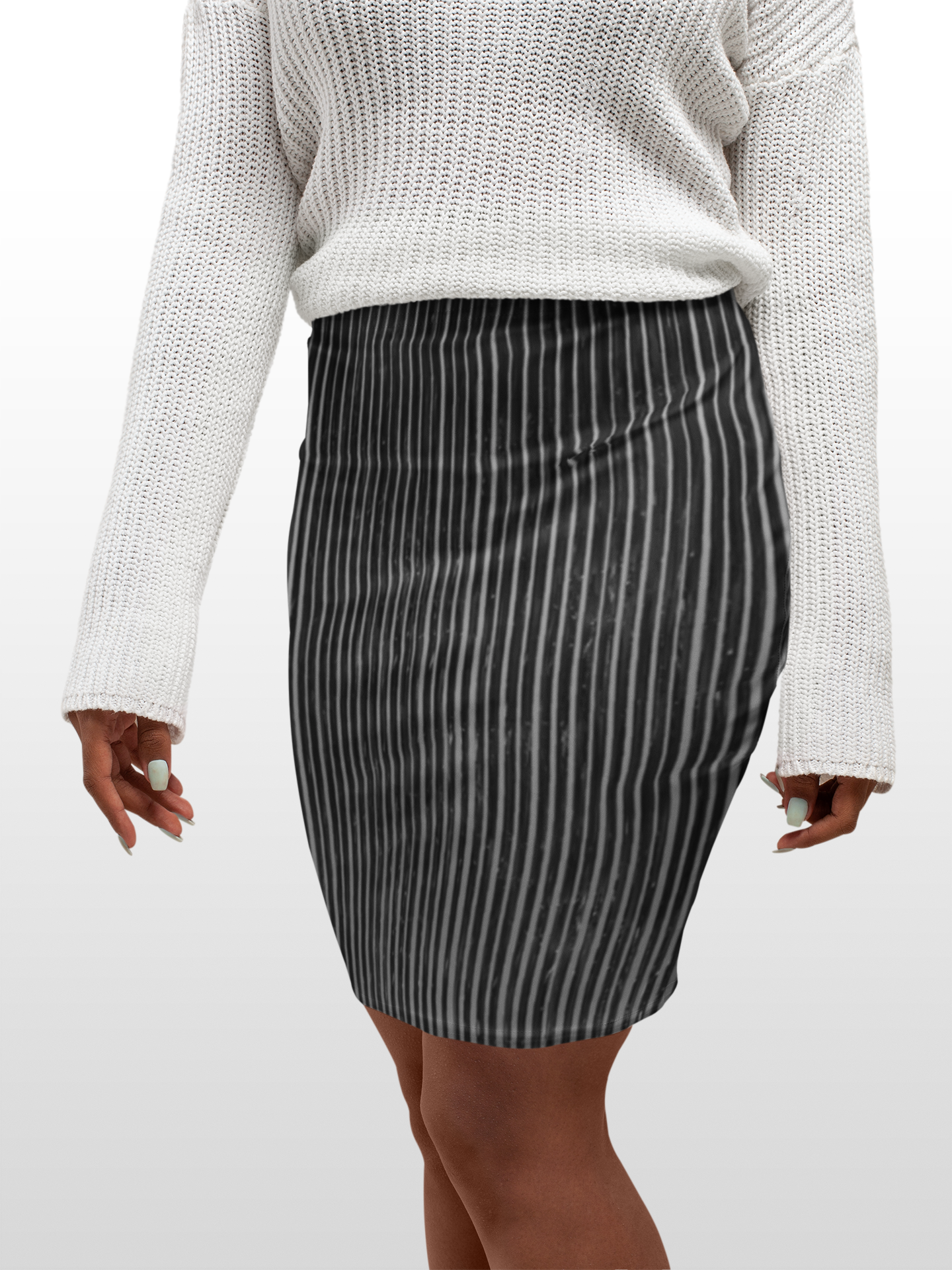 Striped Charcoal Pencil Skirt — Sleek Vertical Pinstripe Work & Office Skirt product thumbnail image Striped Charcoal Pencil Skirt — Sleek Vertical Pinstripe Work & Office Skirt product thumbnail image