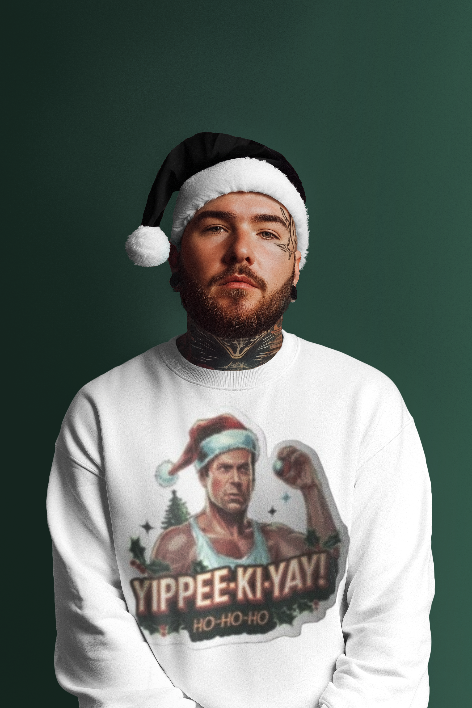 Holiday Action Movie Crewneck Sweatshirt — "Yippee-Kiyay! Ho-Ho-Ho" Graphic