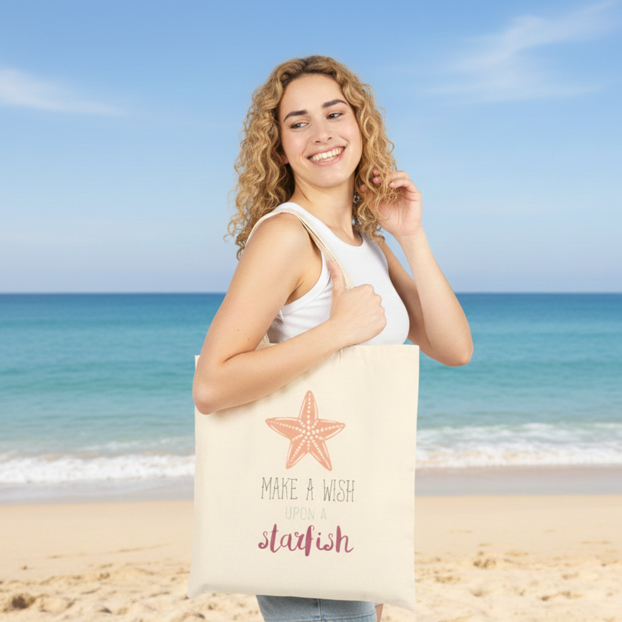 Make a Wish Upon a Starfish Tote Bag, Coastal Beach Tote, Summer Vacation Bag, Seashell Starfish Canvas Bag, Cute Ocean Quote Tote product thumbnail image