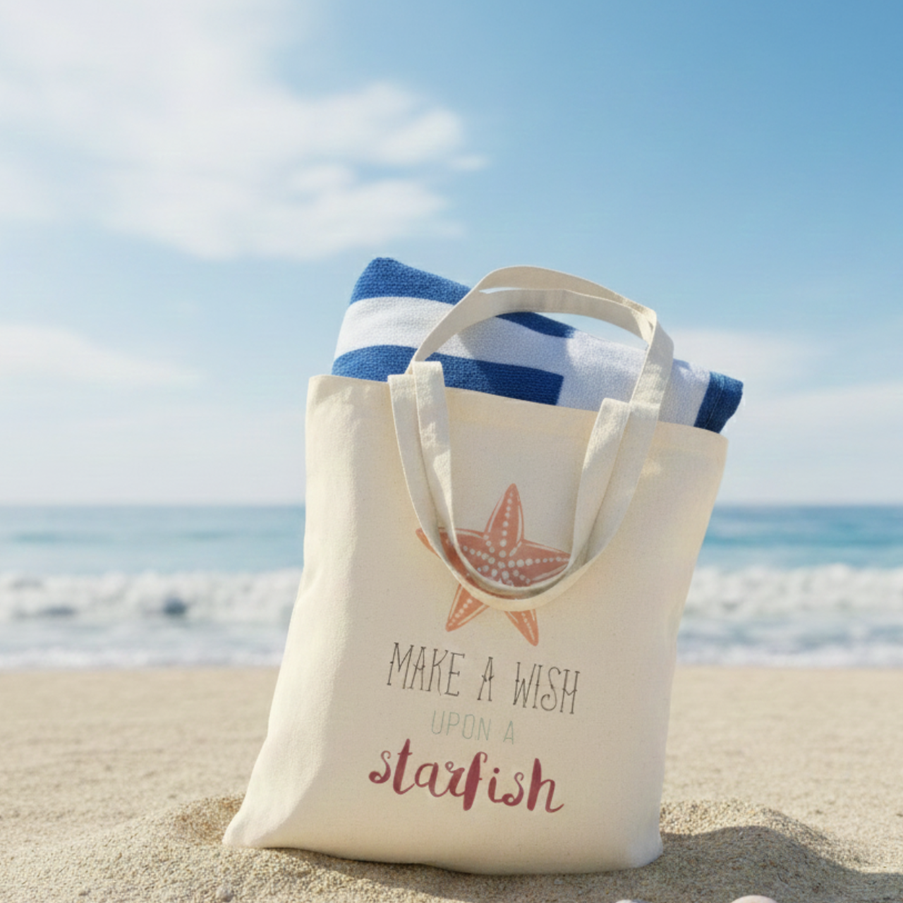 Make a Wish Upon a Starfish Tote Bag, Coastal Beach Tote, Summer Vacation Bag, Seashell Starfish Canvas Bag, Cute Ocean Quote Tote product thumbnail image