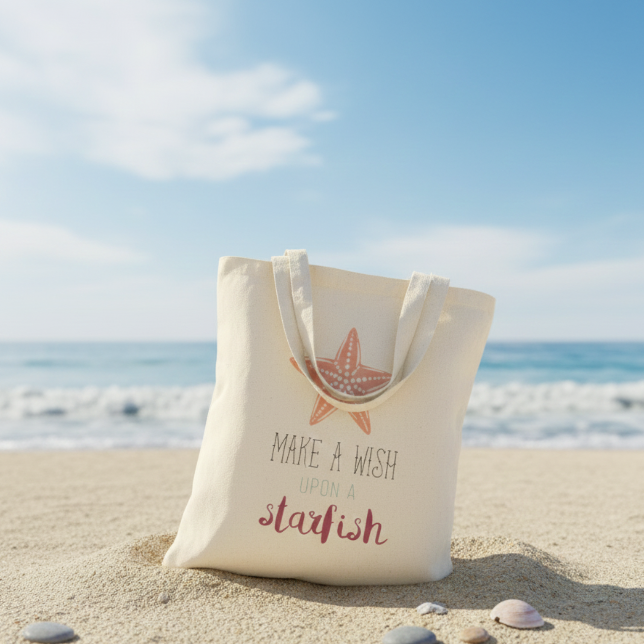 Make a Wish Upon a Starfish Tote Bag, Coastal Beach Tote, Summer Vacation Bag, Seashell Starfish Canvas Bag, Cute Ocean Quote Tote product thumbnail image Make a Wish Upon a Starfish Tote Bag, Coastal Beach Tote, Summer Vacation Bag, Seashell Starfish Canvas Bag, Cute Ocean Quote Tote product thumbnail image