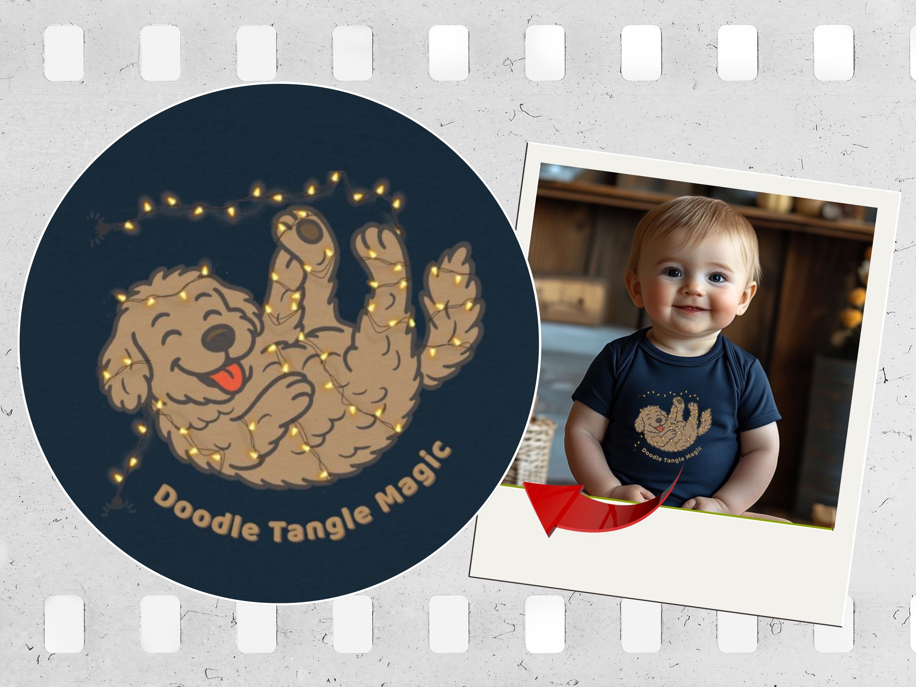 Baby Christmas Onesie, Goldendoodle Tangled in Christmas Lights, Rabbit Skins 4400 product thumbnail image Baby Christmas Onesie, Goldendoodle Tangled in Christmas Lights, Rabbit Skins 4400 product thumbnail image