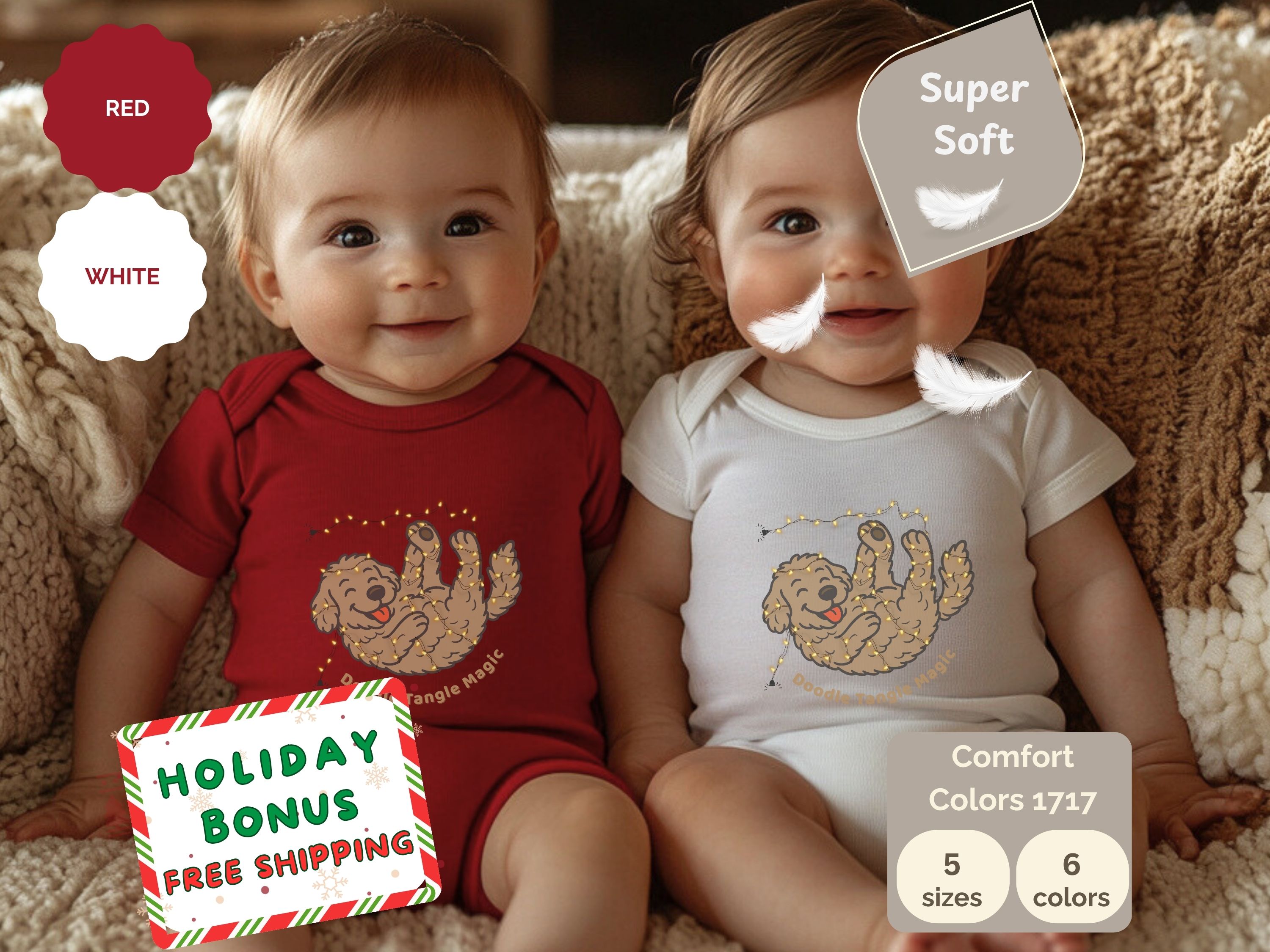 Baby Christmas Onesie, Goldendoodle Tangled in Christmas Lights, Rabbit Skins 4400 product thumbnail image
