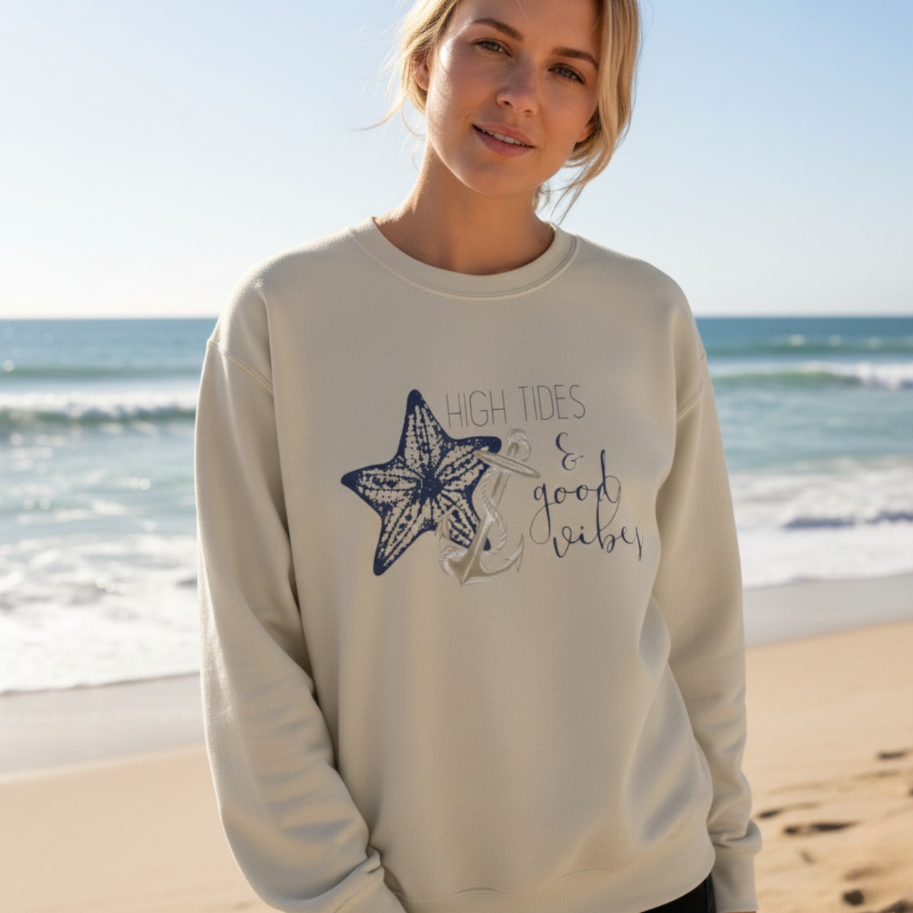 High Tides & Good Vibes Sweatshirt, Coastal Crewneck, Beach Pullover, Nautical Starfish Anchor Shirt, Summer Vacation Sweater, Ocean Vibes product thumbnail image High Tides & Good Vibes Sweatshirt, Coastal Crewneck, Beach Pullover, Nautical Starfish Anchor Shirt, Summer Vacation Sweater, Ocean Vibes product thumbnail image