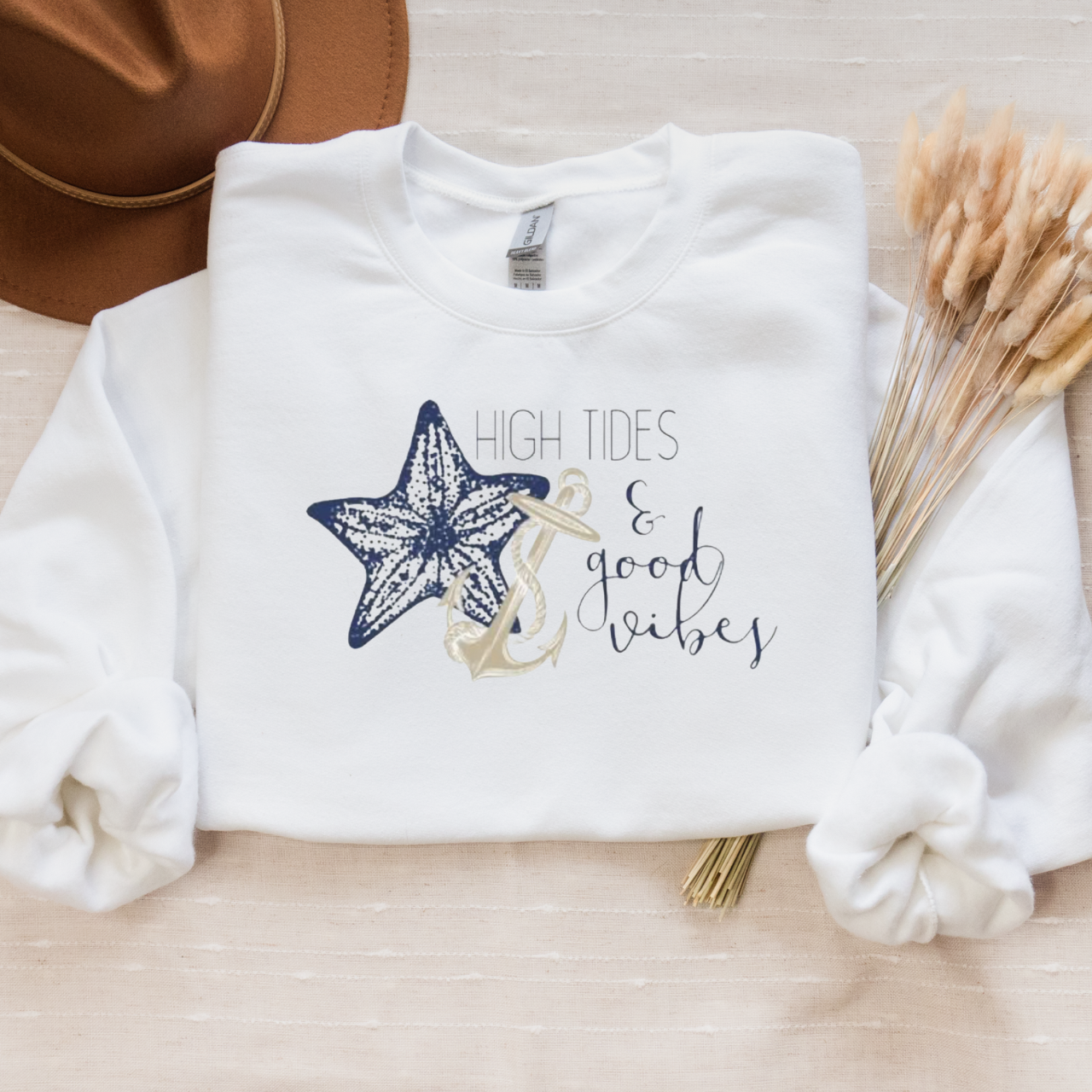 High Tides &amp; Good Vibes Sweatshirt, Coastal Crewneck, Beach Pullover, Nautical Starfish Anchor Shirt, Summer Vacation Sweater, Ocean Vibes product thumbnail image