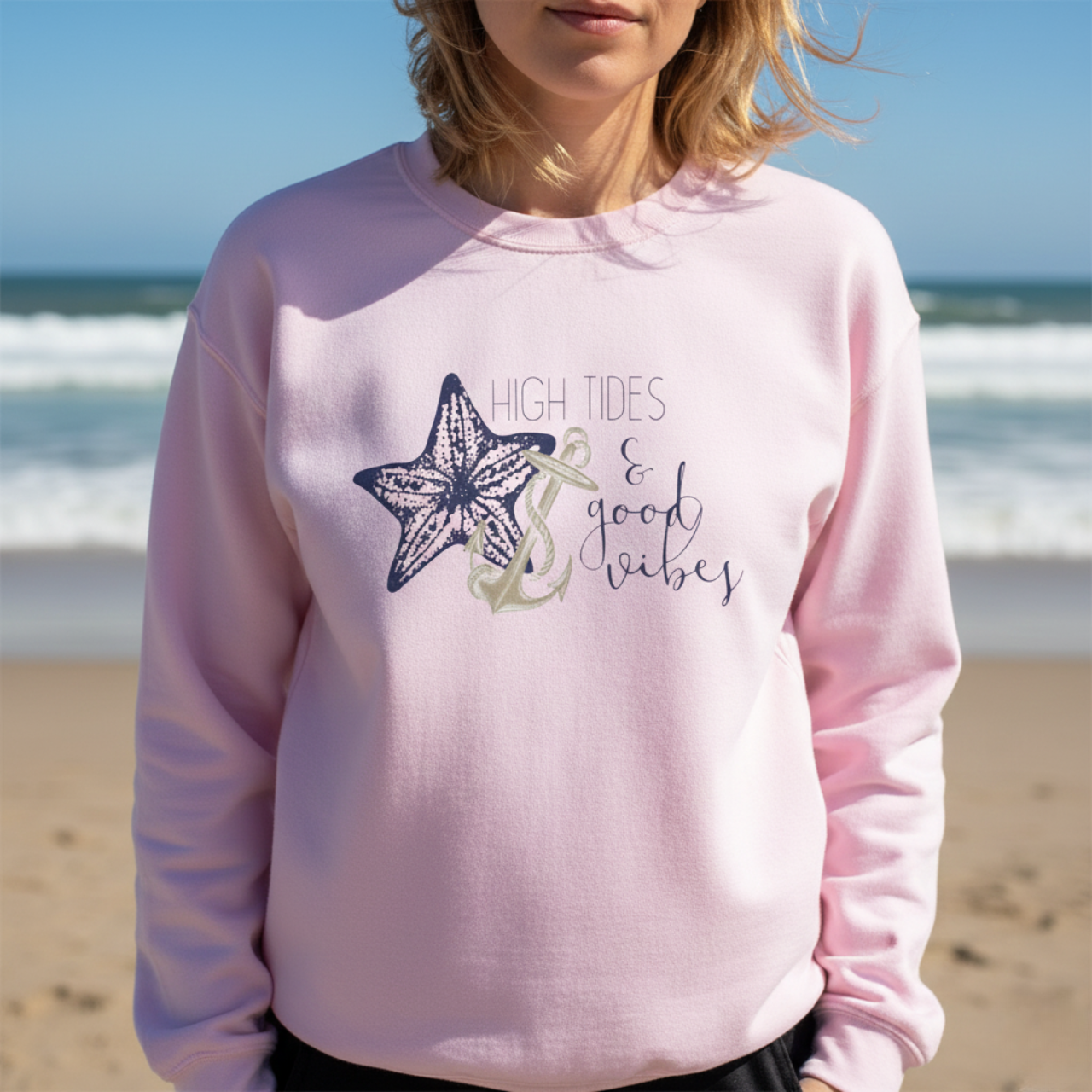 High Tides & Good Vibes Sweatshirt, Coastal Crewneck, Beach Pullover, Nautical Starfish Anchor Shirt, Summer Vacation Sweater, Ocean Vibes product thumbnail image High Tides & Good Vibes Sweatshirt, Coastal Crewneck, Beach Pullover, Nautical Starfish Anchor Shirt, Summer Vacation Sweater, Ocean Vibes product thumbnail image