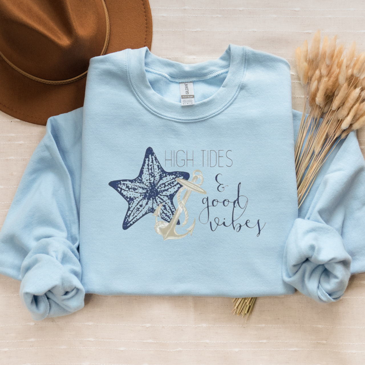 High Tides &amp; Good Vibes Sweatshirt, Coastal Crewneck, Beach Pullover, Nautical Starfish Anchor Shirt, Summer Vacation Sweater, Ocean Vibes product thumbnail image