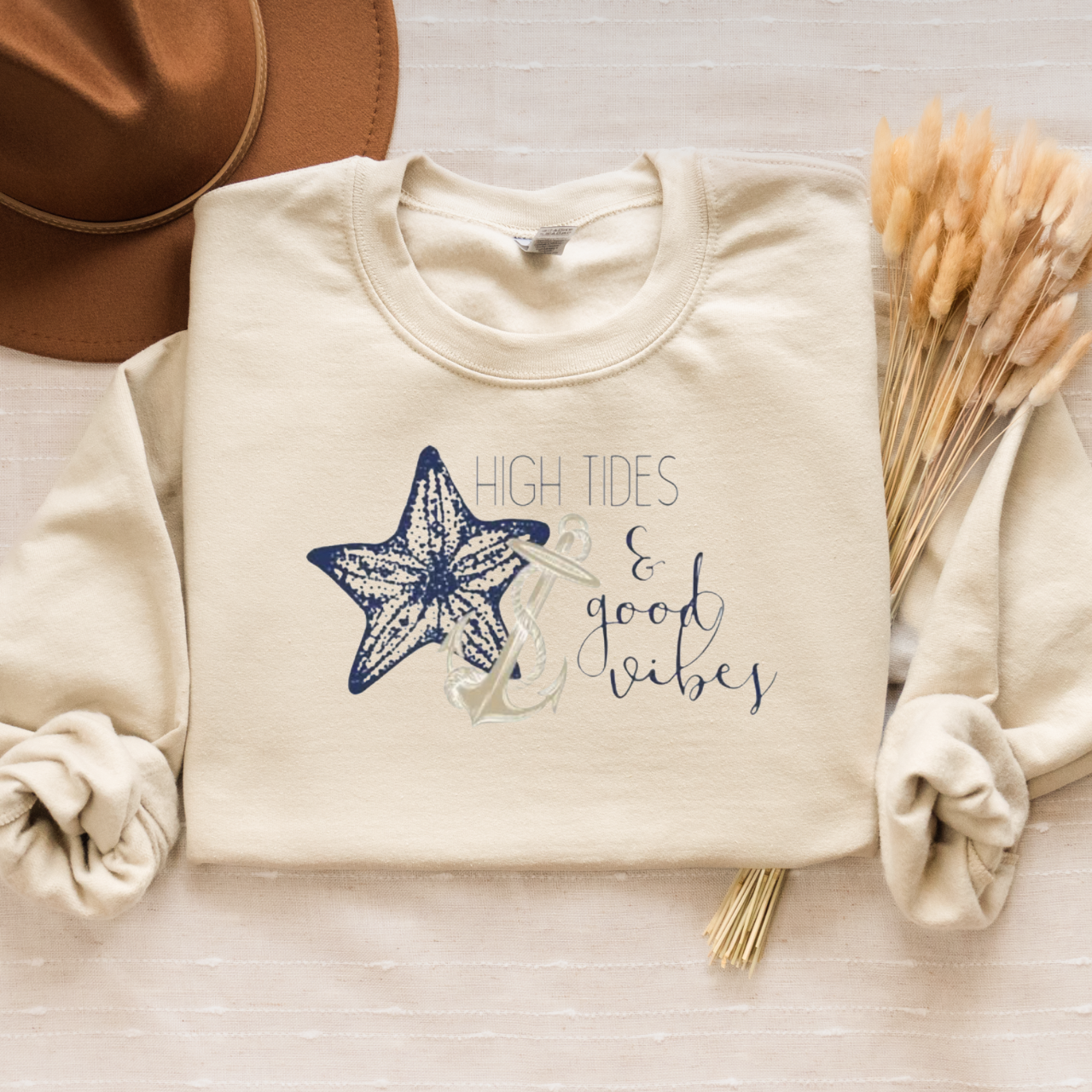 High Tides &amp; Good Vibes Sweatshirt, Coastal Crewneck, Beach Pullover, Nautical Starfish Anchor Shirt, Summer Vacation Sweater, Ocean Vibes product thumbnail image