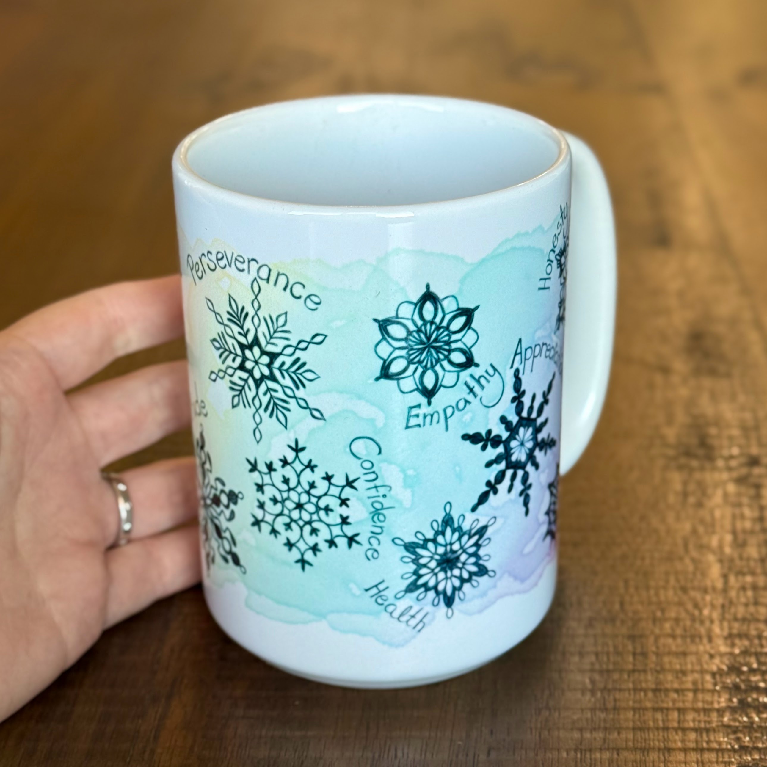 15oz Contemplations Snowflake Mug — Words of Strength (Perseverance, Empathy, Gratitude) product thumbnail image