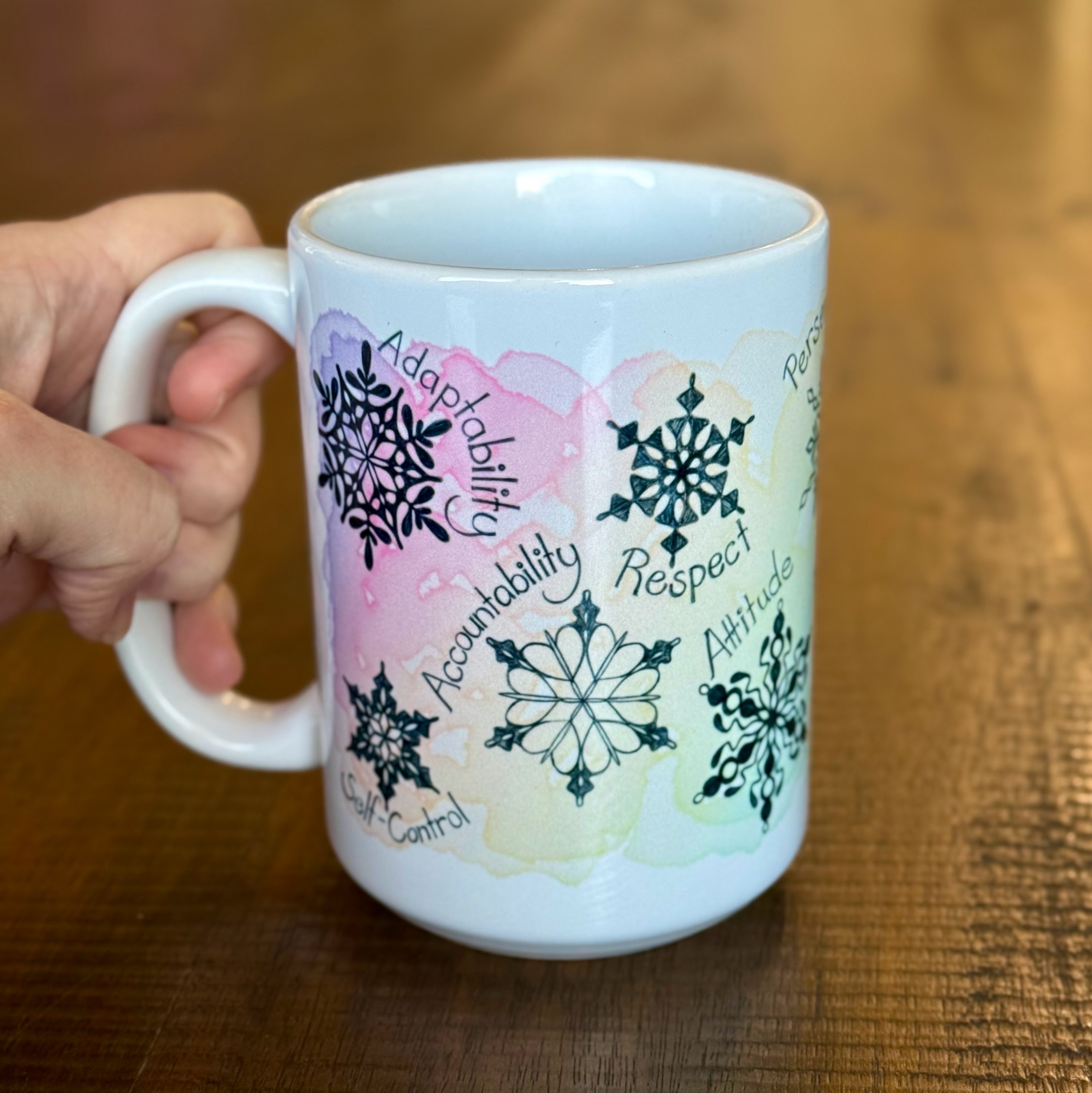 15oz Contemplations Snowflake Mug — Words of Strength (Perseverance, Empathy, Gratitude) product thumbnail image