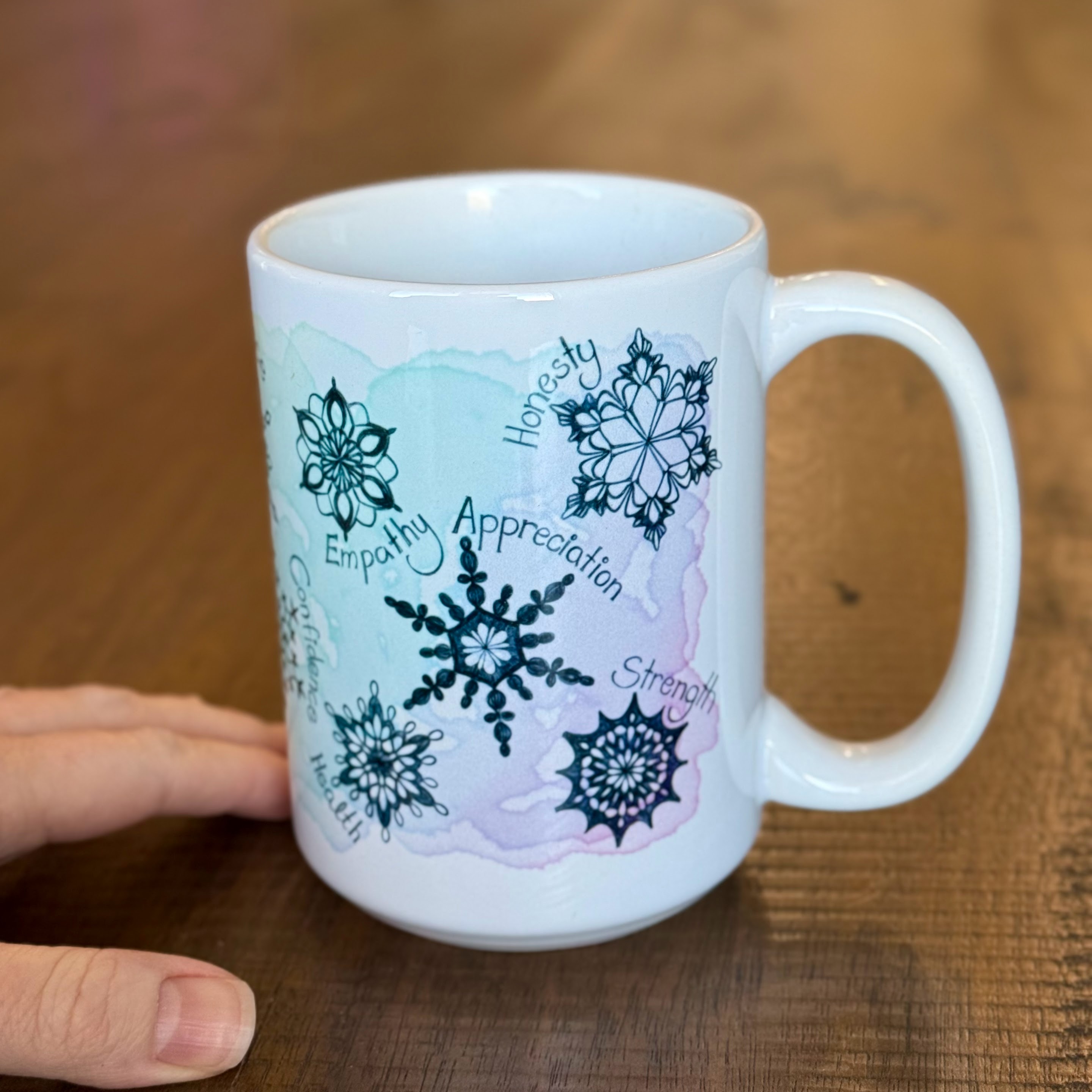 15oz Contemplations Snowflake Mug — Words of Strength (Perseverance, Empathy, Gratitude) product thumbnail image