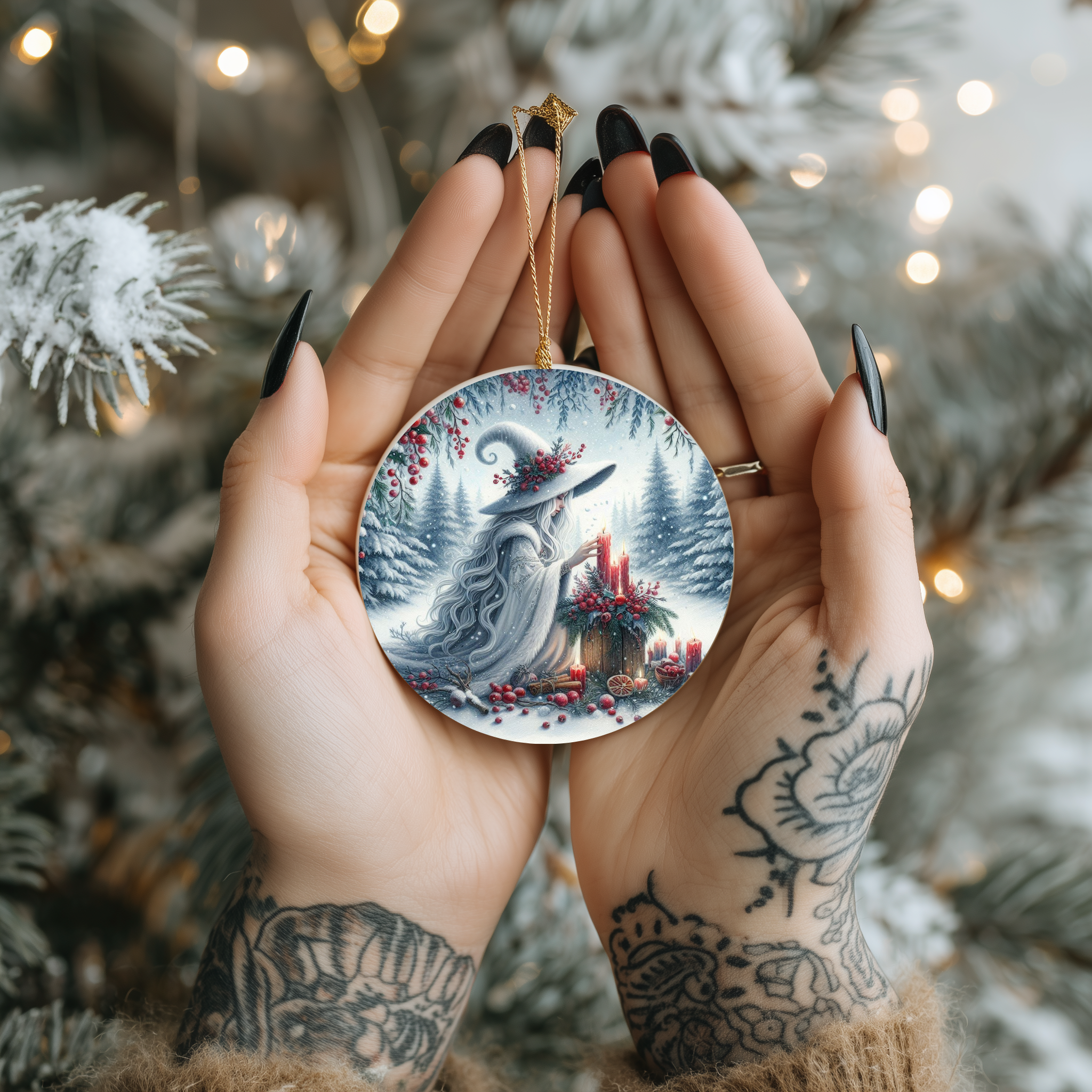 (U.S.) Witch Winter Ceramic Ornament — Snowy Witch with Candles Holiday Decoration