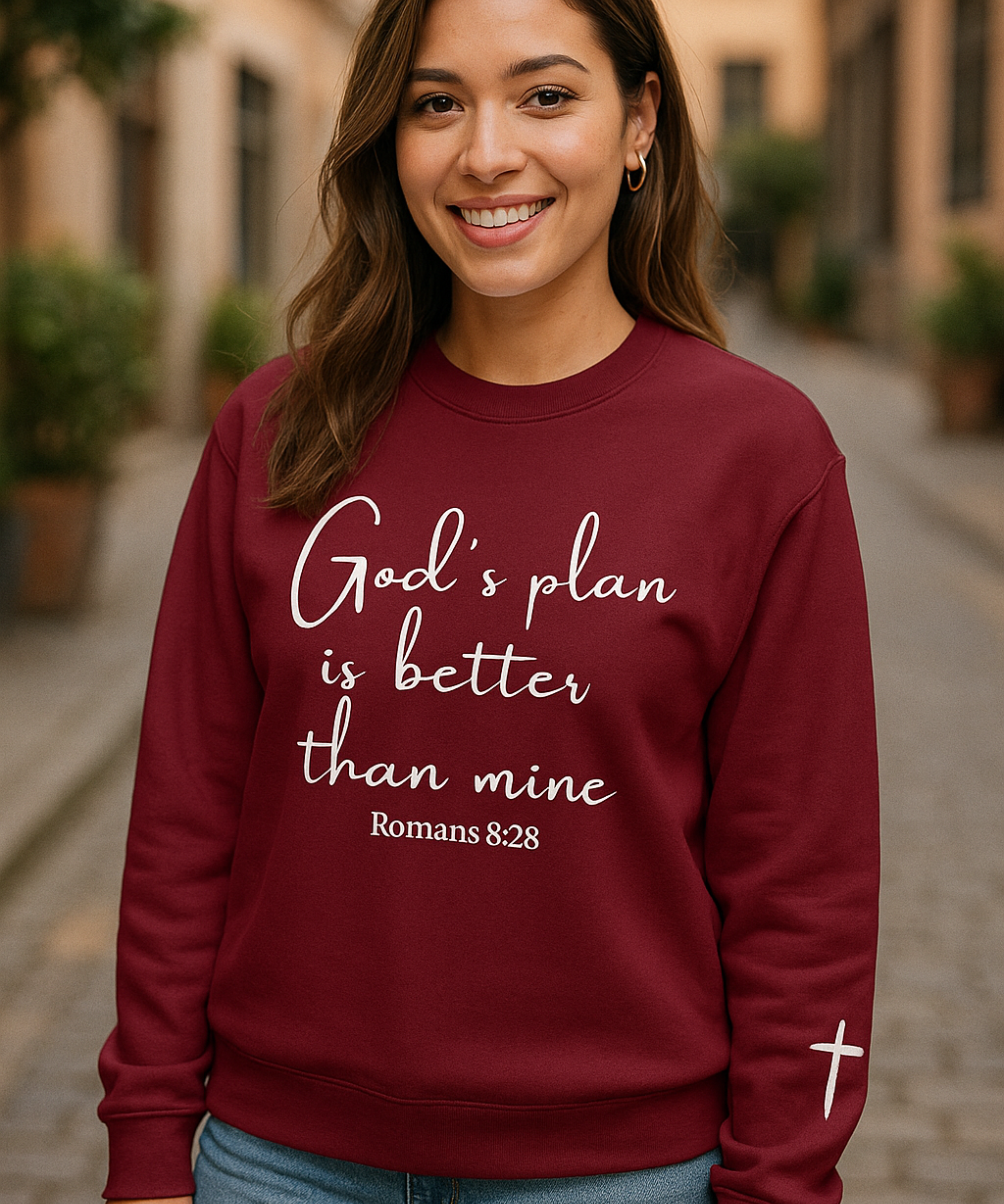 God's Plan Is Better Than Mine Sweatshirt – Romans 8:28 Bible Verse Crewneck – Christian Faith Hoodie – Gift for Her – Inspirational Religious Apparel product thumbnail image