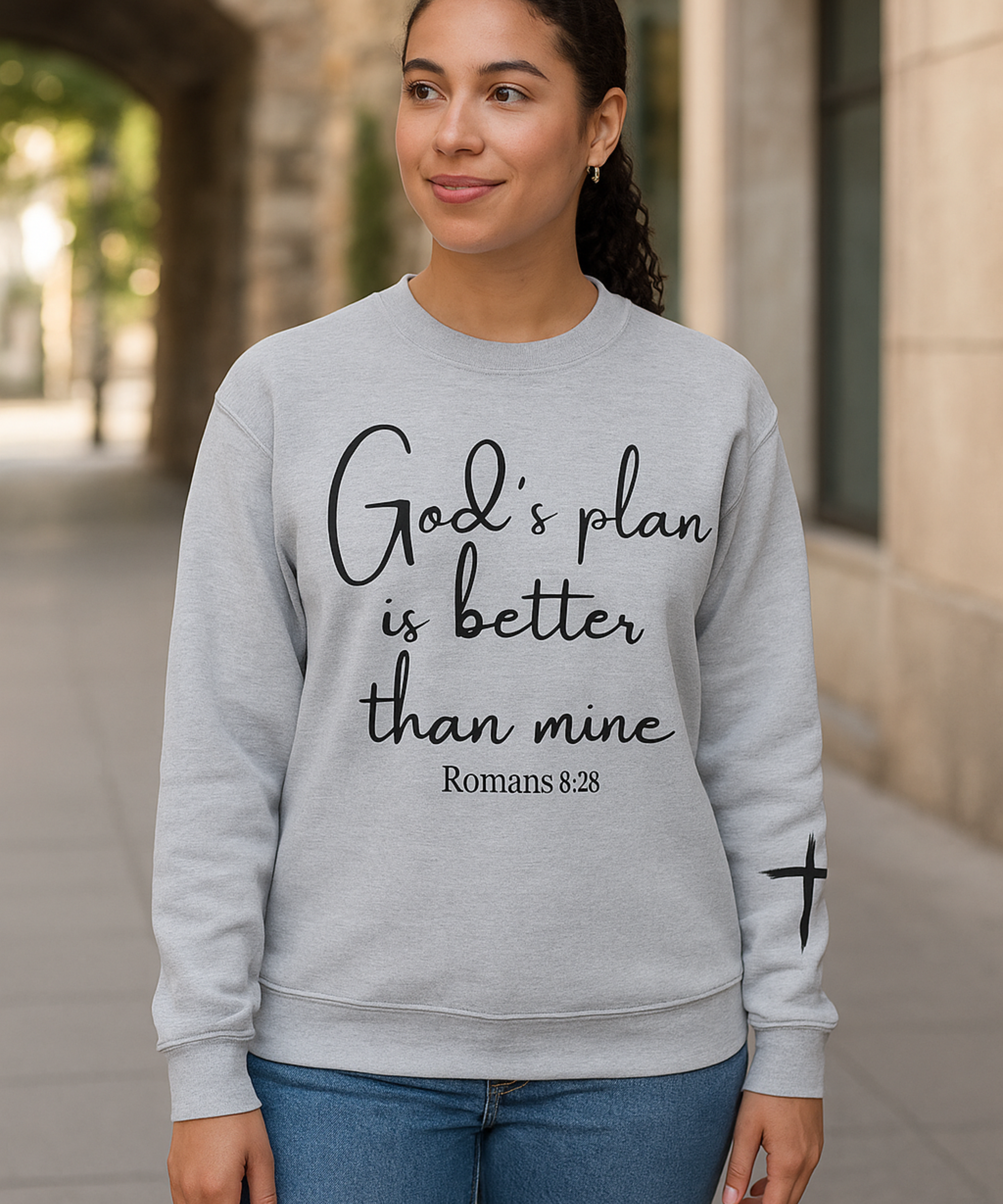 God's Plan Is Better Than Mine Sweatshirt – Romans 8:28 Bible Verse Crewneck – Christian Faith Hoodie – Gift for Her – Inspirational Religious Apparel product thumbnail image