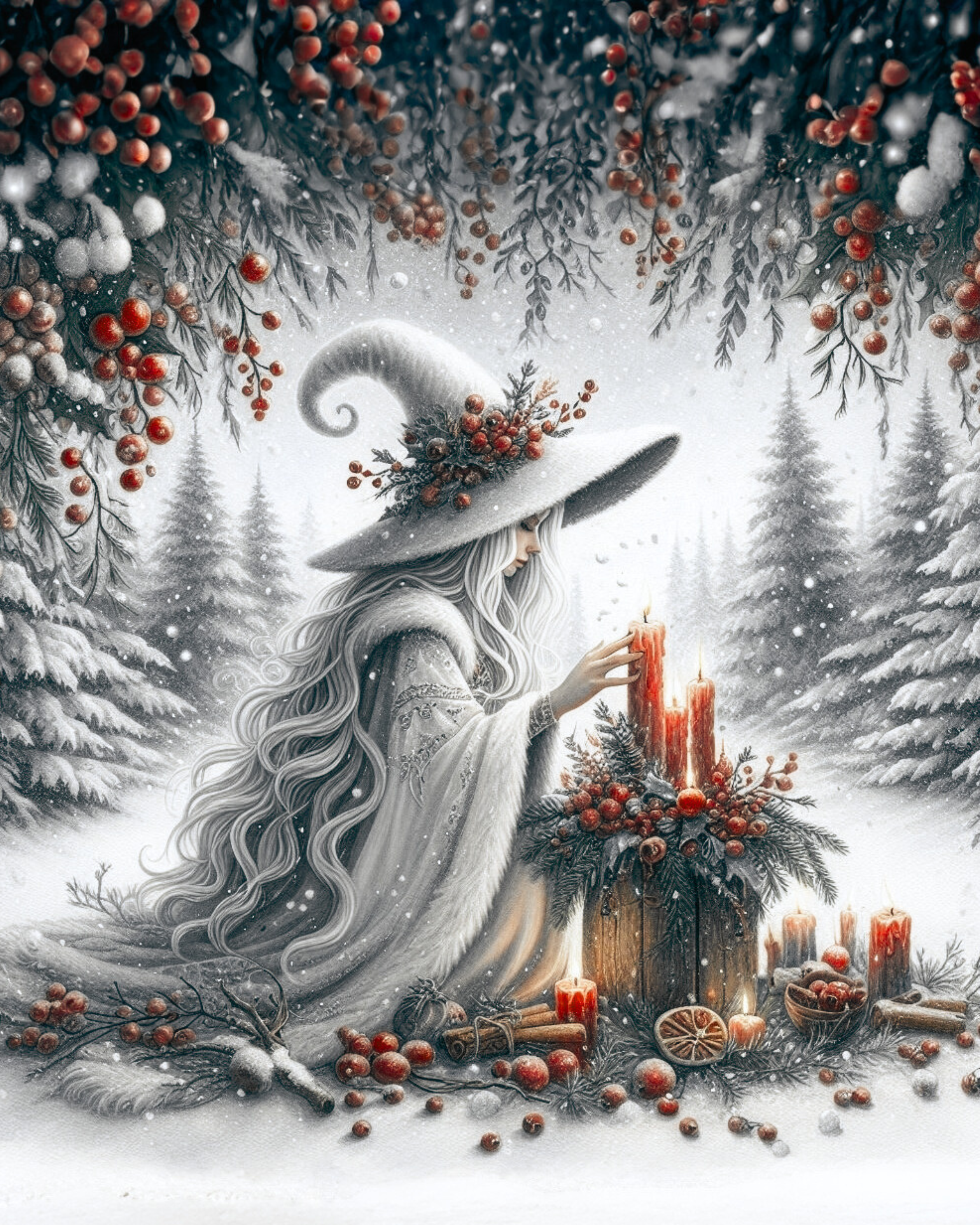 (U.S.) Winter Forest Witch Canvas – Holiday Candlelight Wall Art