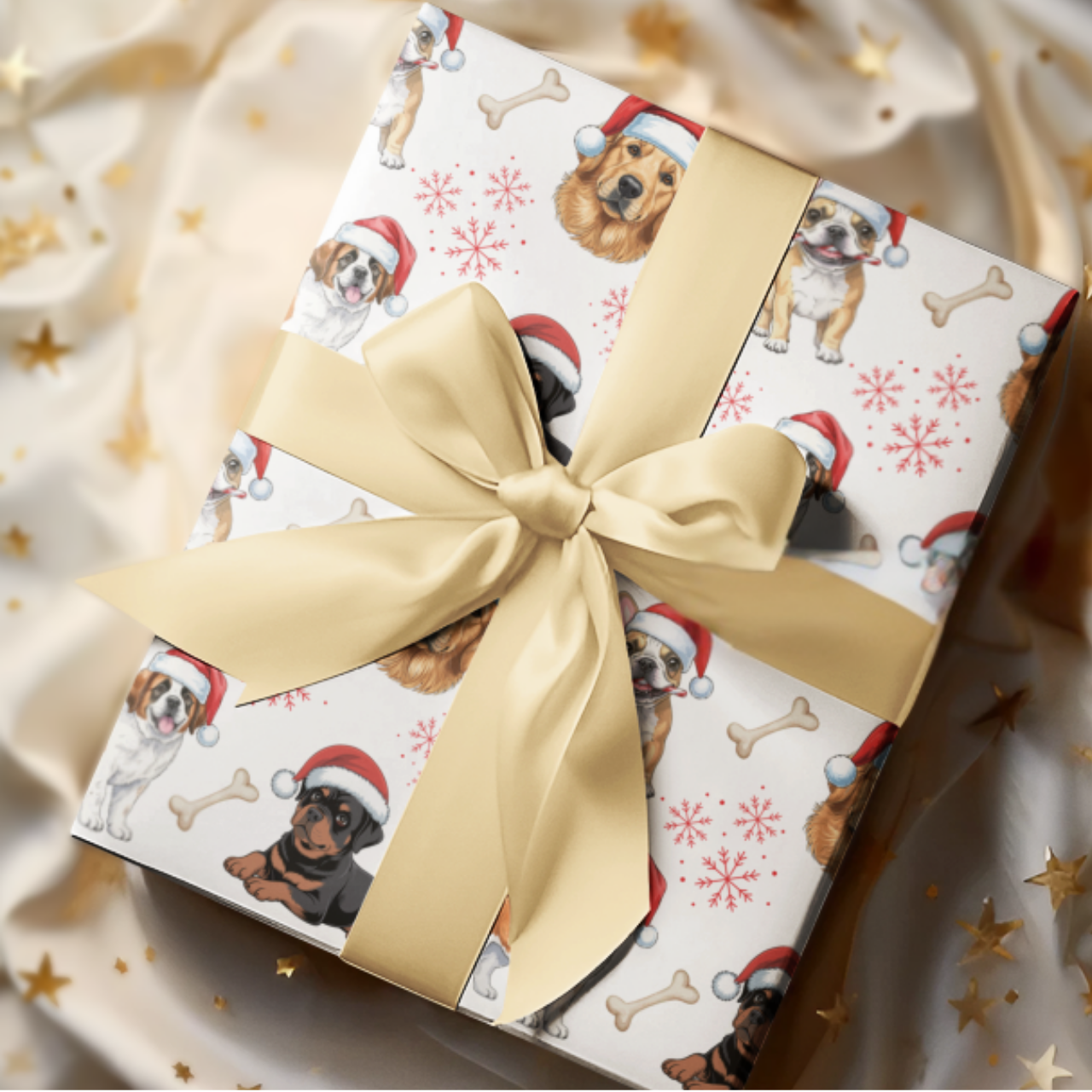 Dog Lover Christmas Gift Wrap Paper — Cute Santa Pups on Black, Christmas Dog Wrapping Paper – Cute Holiday Puppy Pattern with Santa Hats &amp; Snowflakes