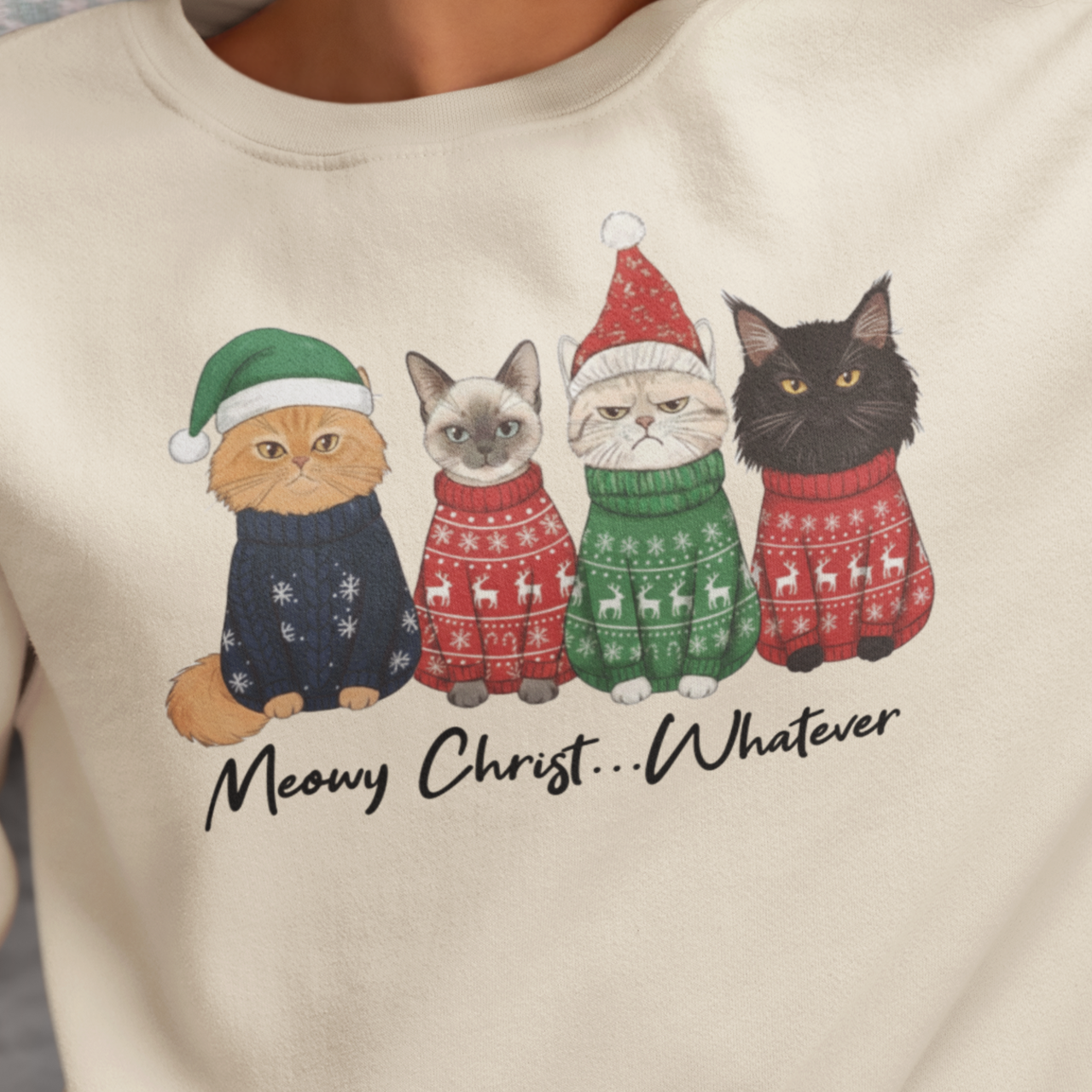 Christmas Cats Sweatshirt — "Meowy Christ--Whatever" Holiday Crewneck product thumbnail image
