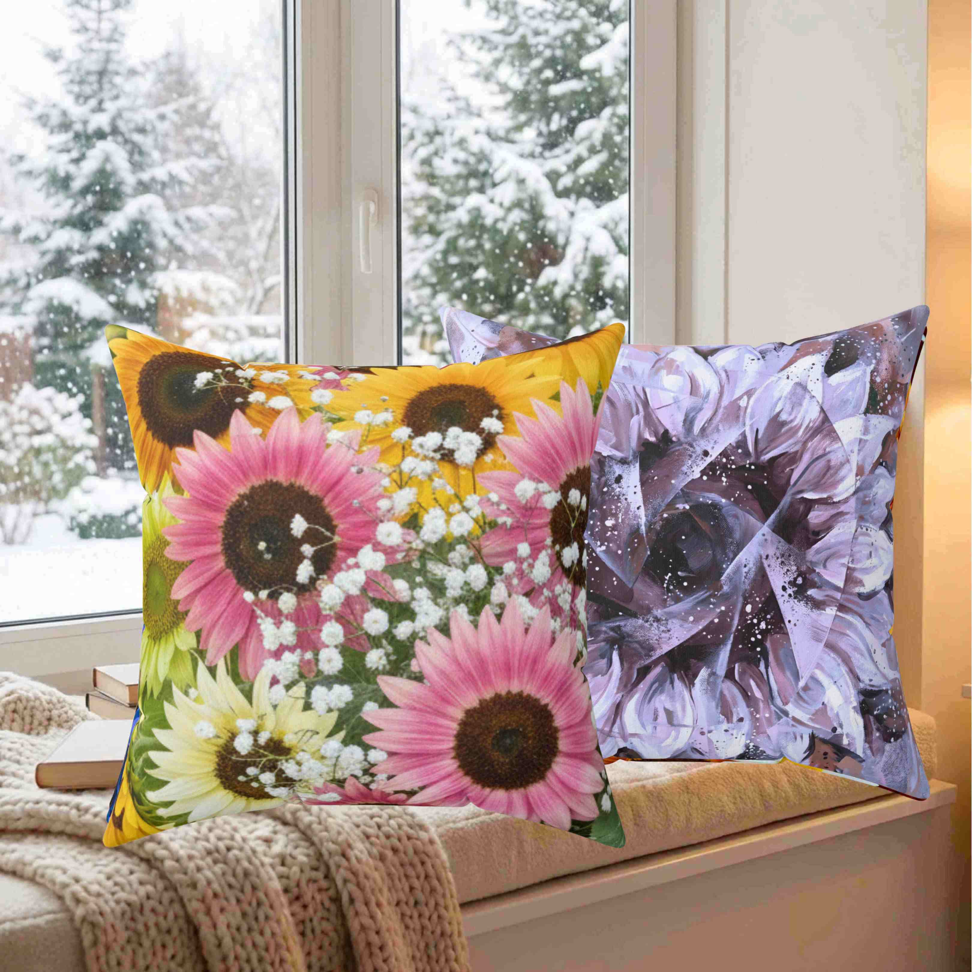 Pink Sunflower Bouquet Pillow | Floral Decorative Throw Cushion product thumbnail image