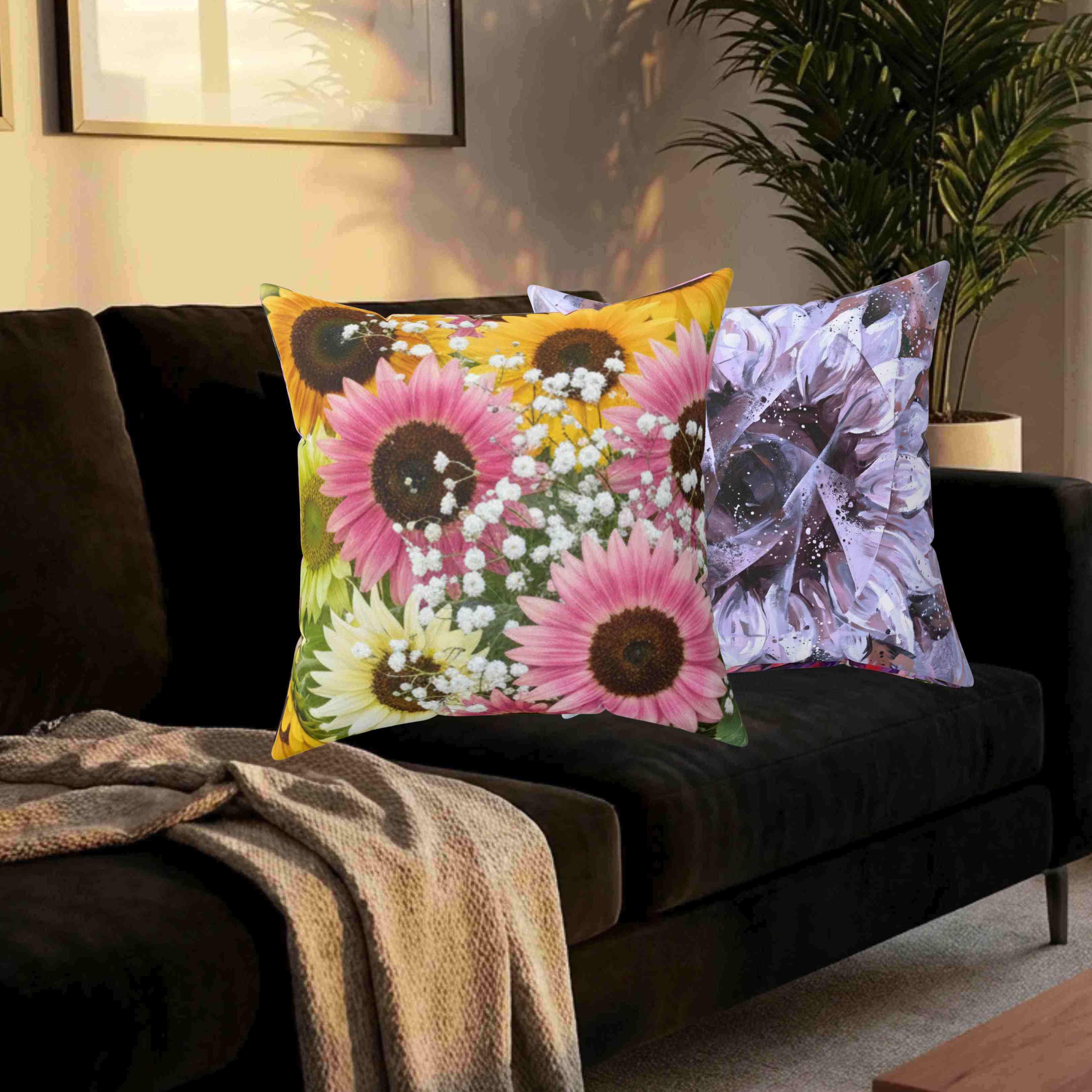 Pink Sunflower Bouquet Pillow | Floral Decorative Throw Cushion product thumbnail image