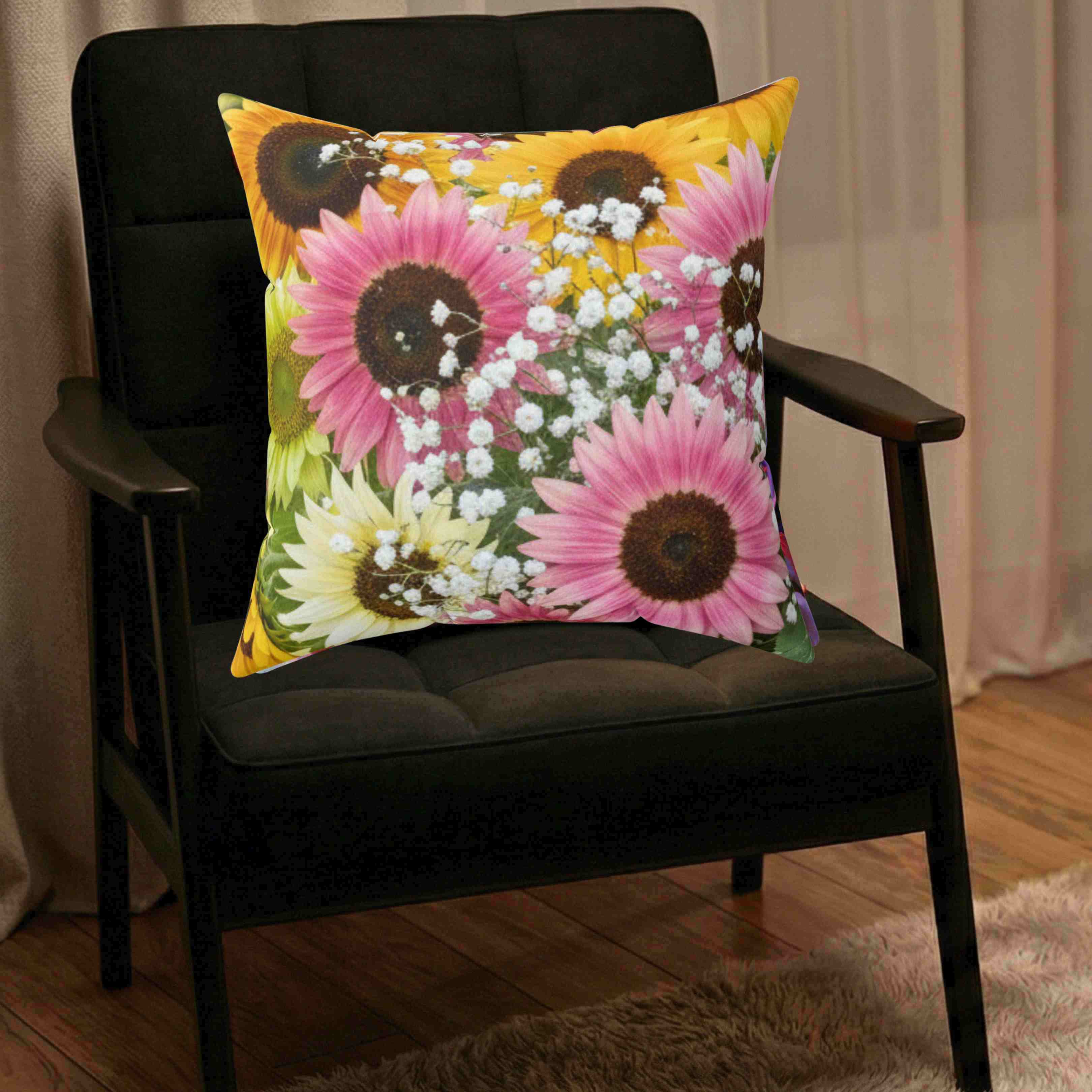 Pink Sunflower Bouquet Pillow | Floral Decorative Throw Cushion