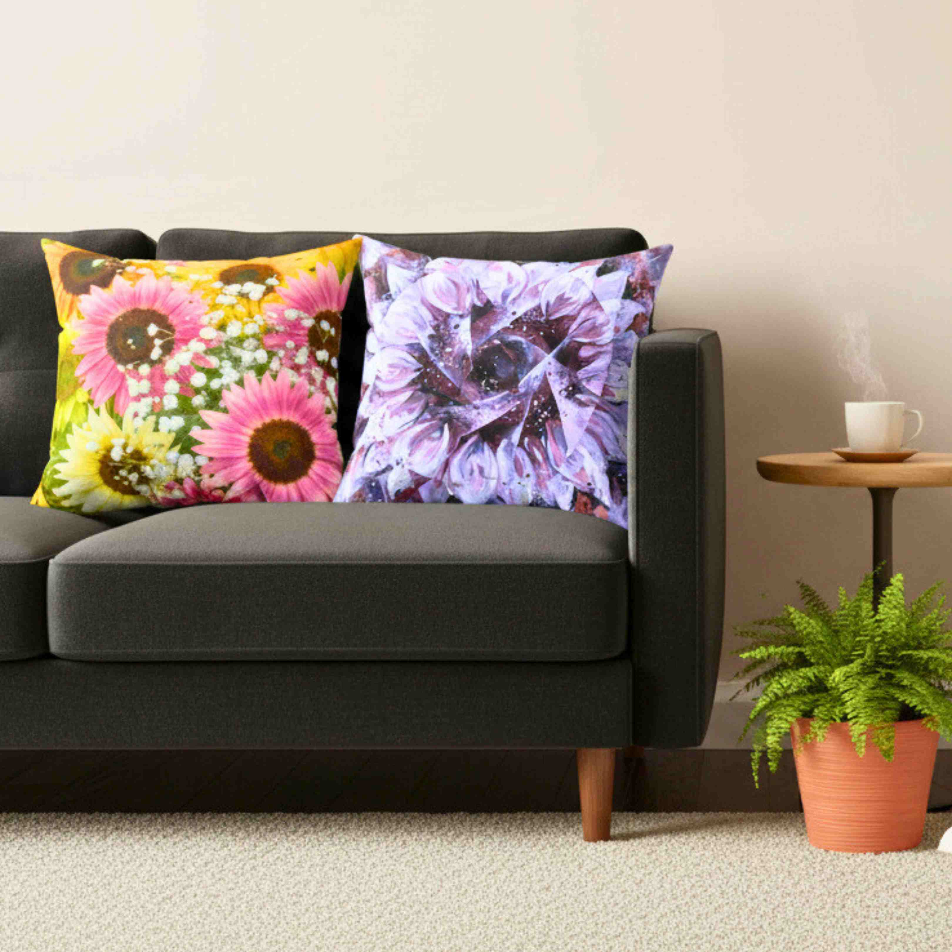 Pink Sunflower Bouquet Pillow | Floral Decorative Throw Cushion product thumbnail image