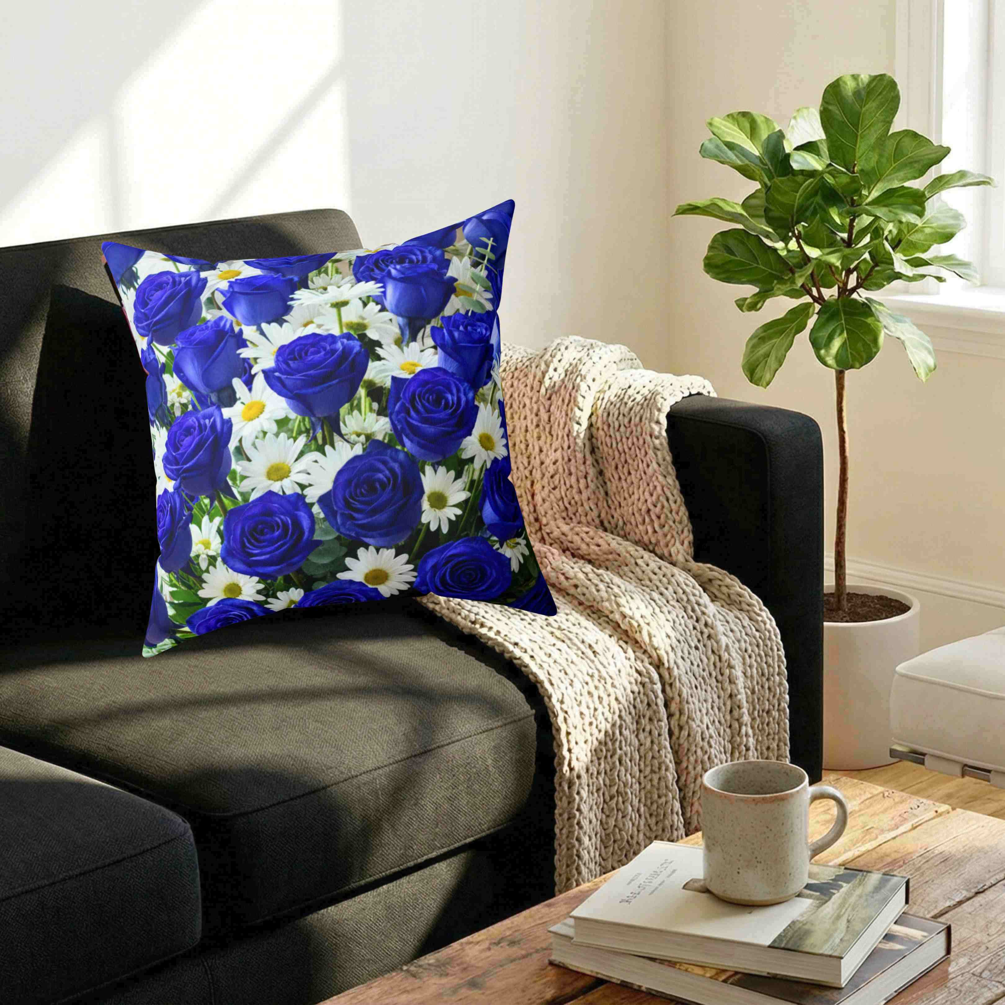 Blue Roses and White Daisies Pillow | Floral Decorative Cushion product thumbnail image