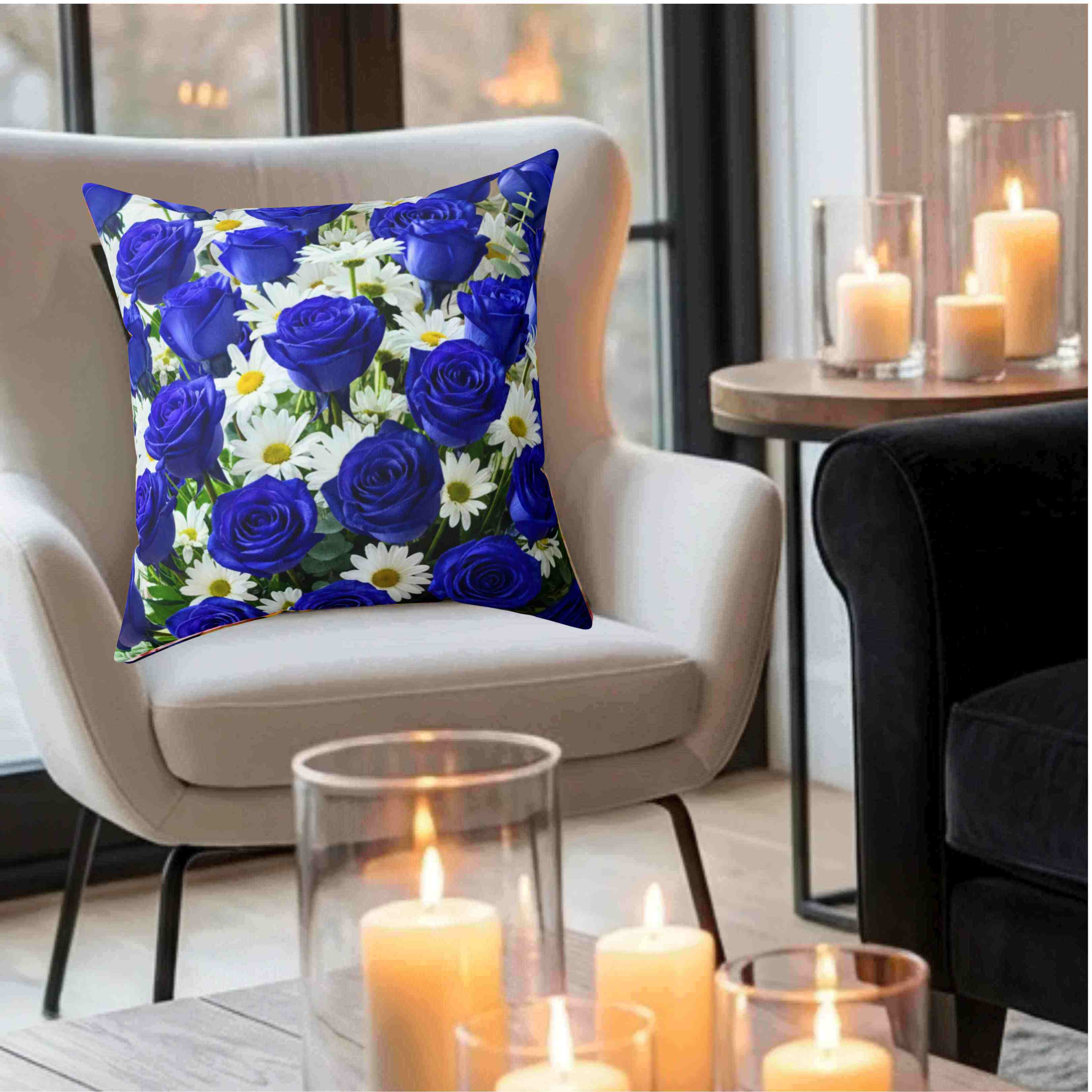Blue Roses and White Daisies Pillow | Floral Decorative Cushion Blue Roses and White Daisies Pillow | Floral Decorative Cushion