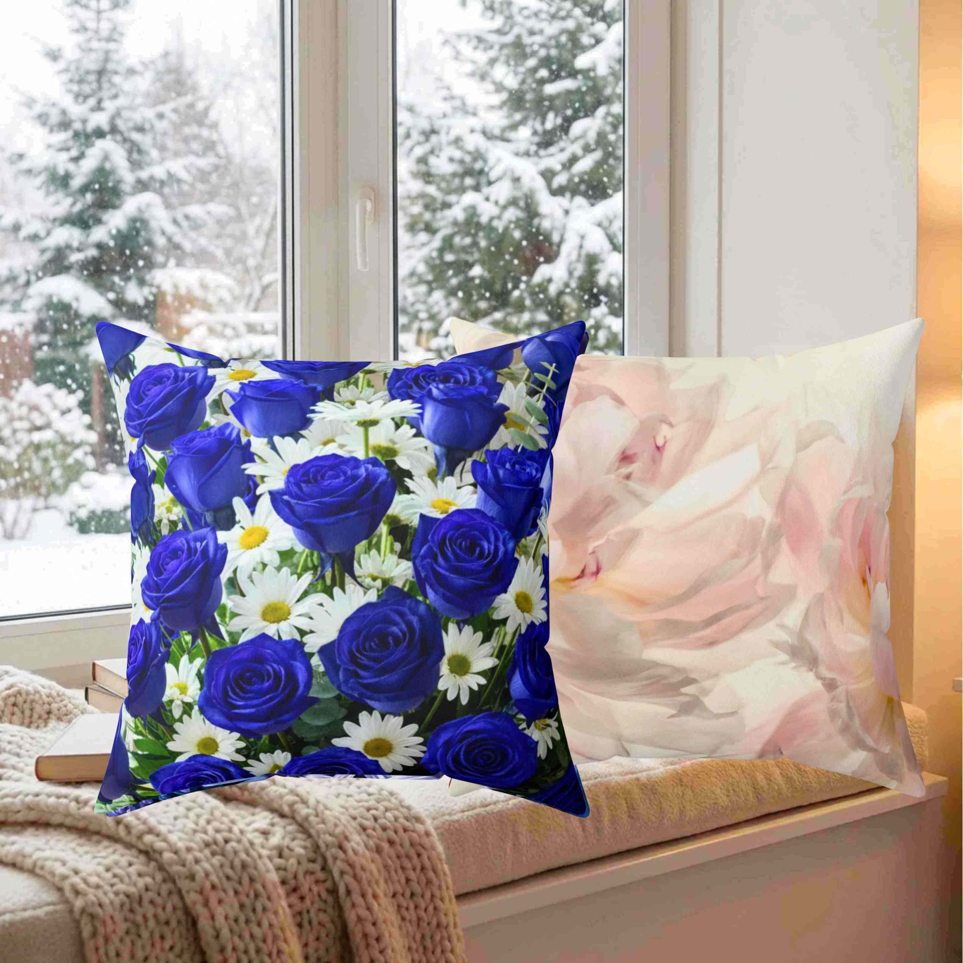 Blue Roses and White Daisies Pillow | Floral Decorative Cushion product thumbnail image