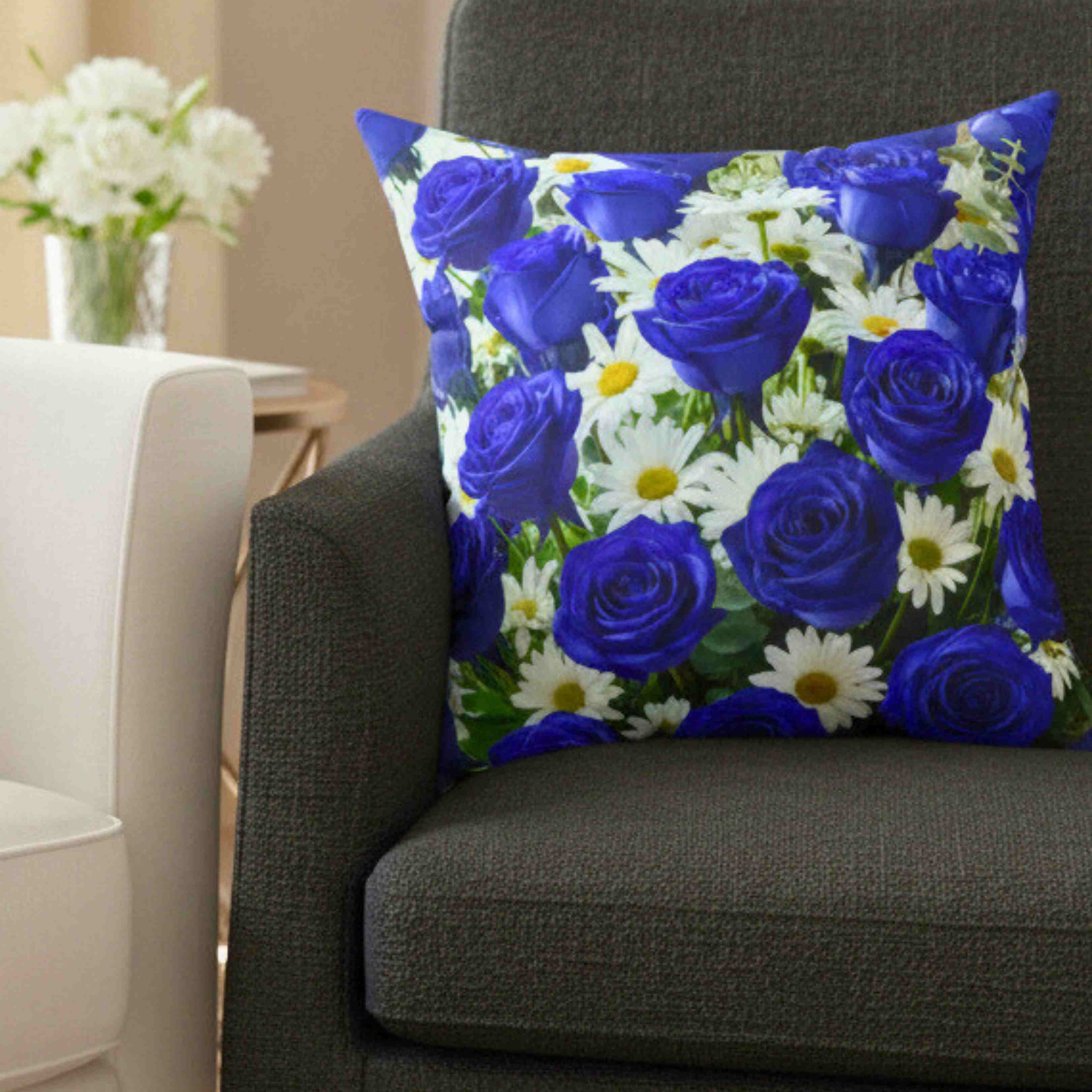 Blue Roses and White Daisies Pillow | Floral Decorative Cushion product thumbnail image
