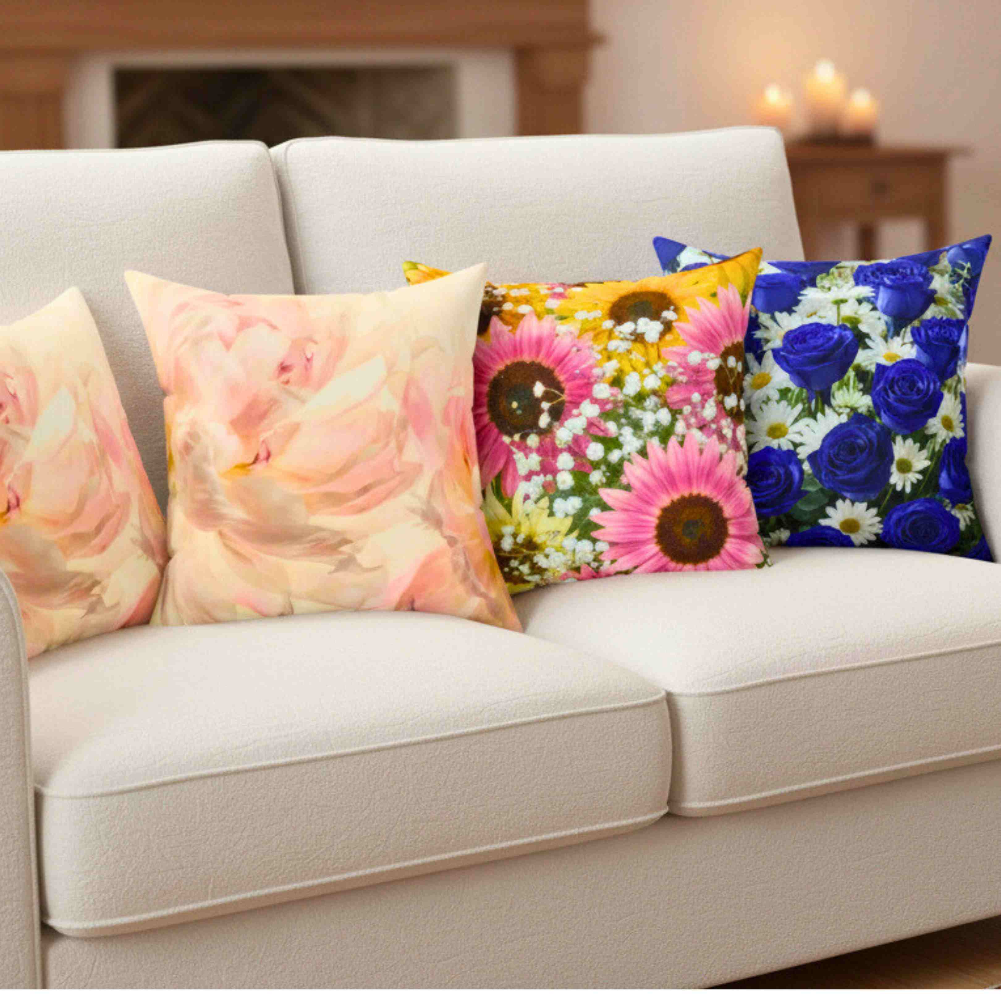 Blue Roses and White Daisies Pillow | Floral Decorative Cushion product thumbnail image