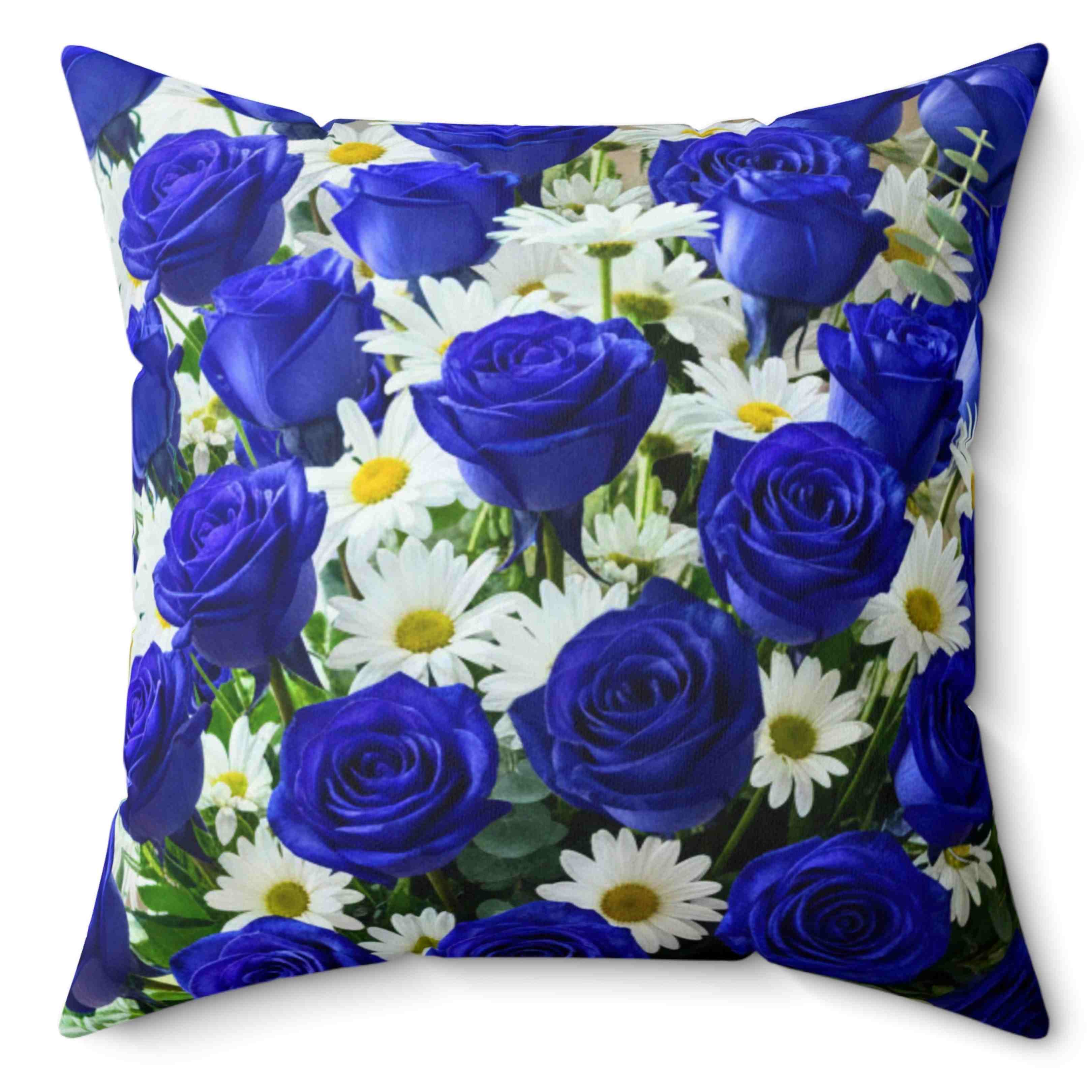 Blue Roses and White Daisies Pillow | Floral Decorative Cushion product thumbnail image